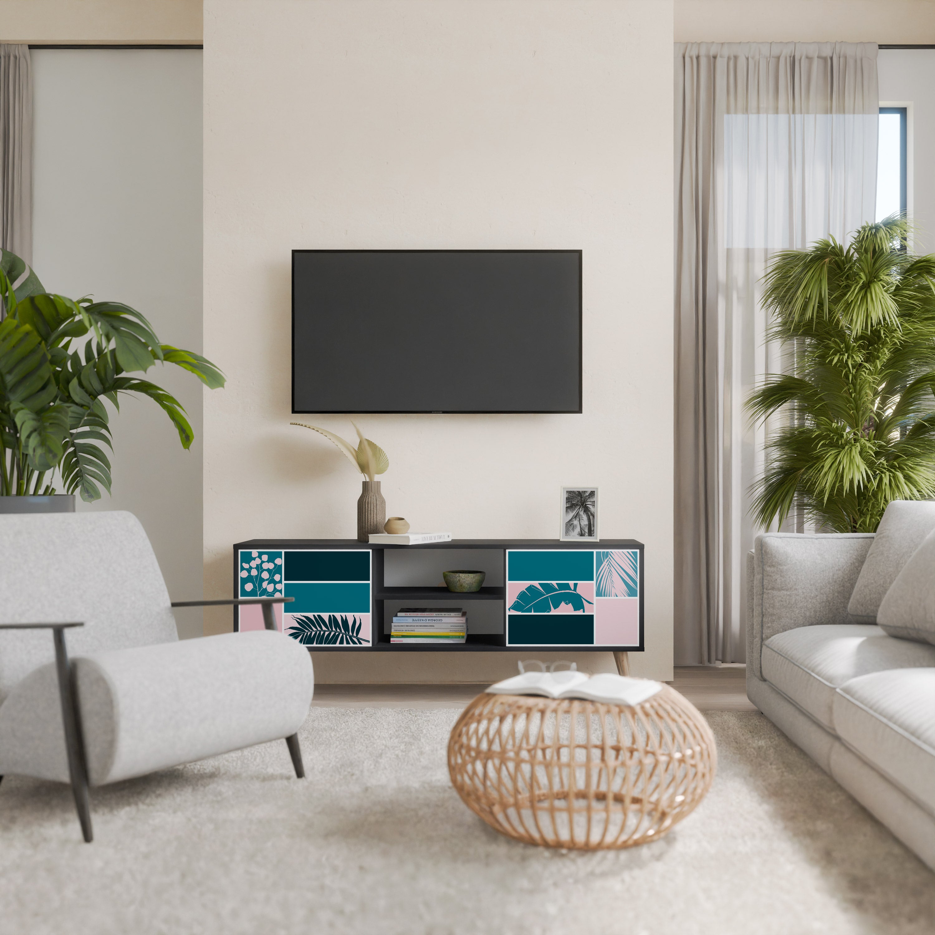 COMBINACIÓN DE FORMAS Mueble de TV de 2 puertas en acabado negro