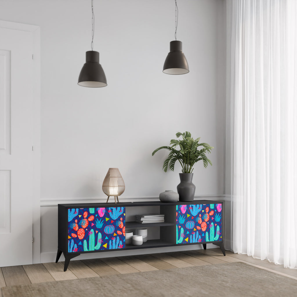 Mueble de TV de 2 puertas CACTUS VIBES en acabado negro