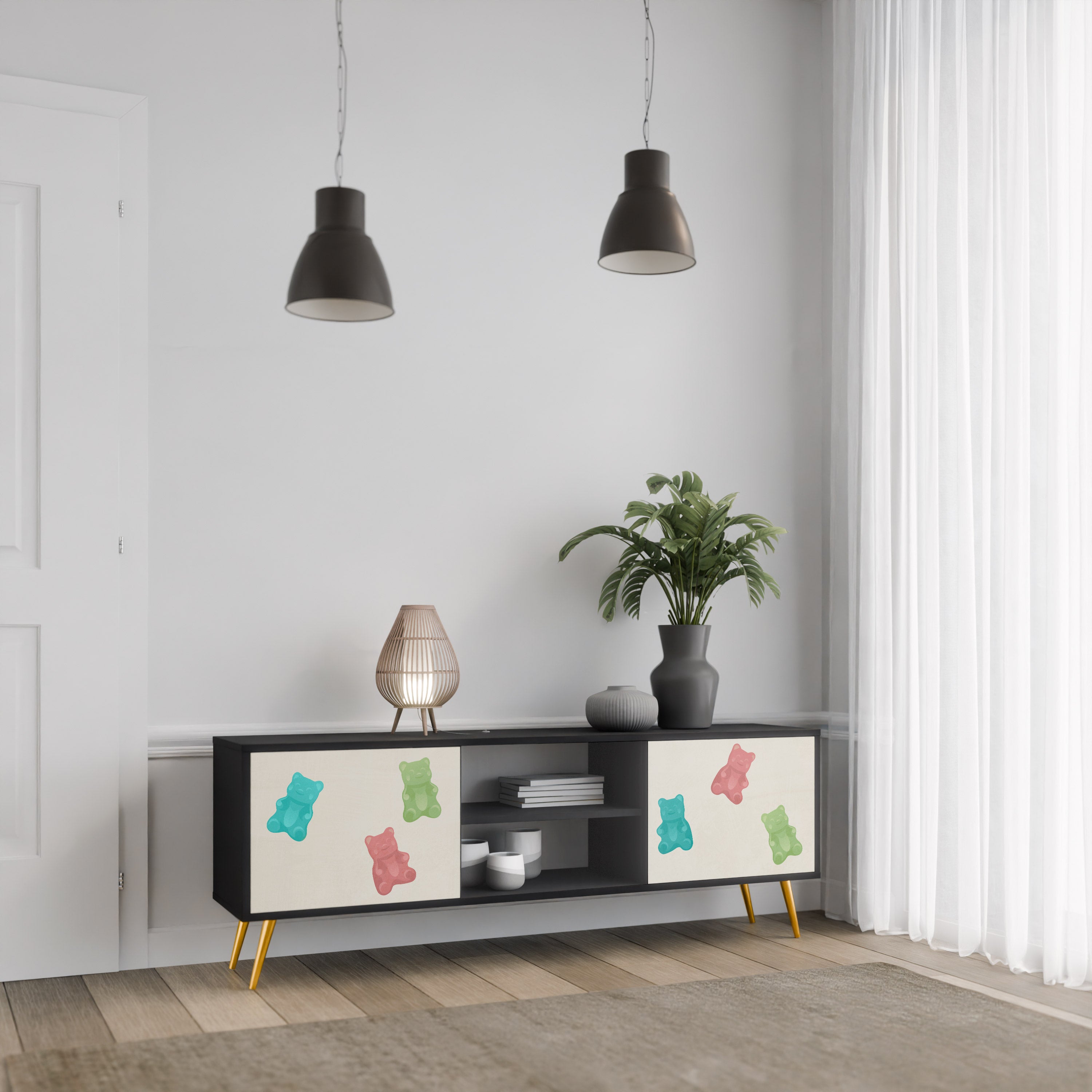 Mueble de TV de 2 puertas GUMMY BEARS con acabado negro