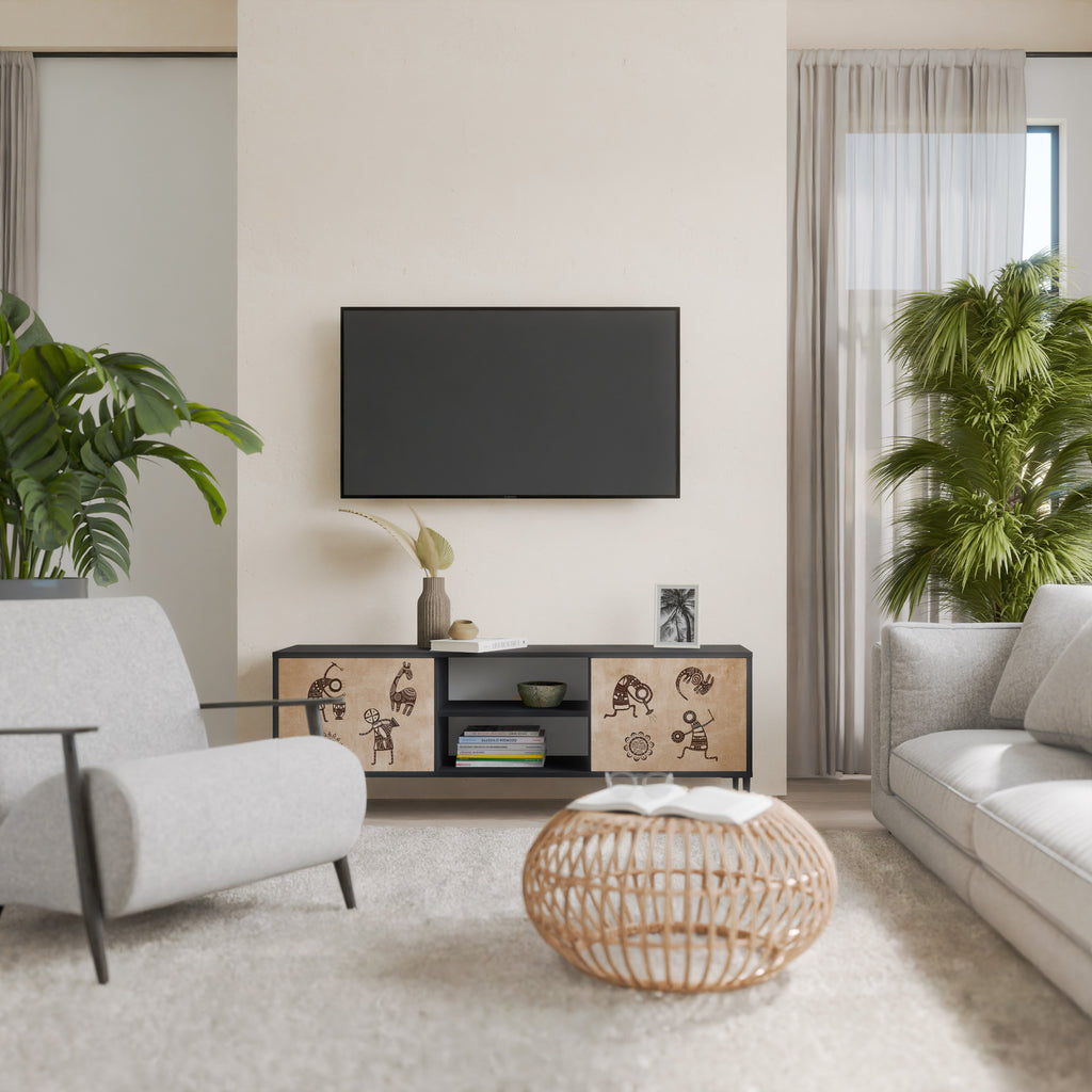 AFRICAN STYLE 2-Door TV Stand in Black Finish