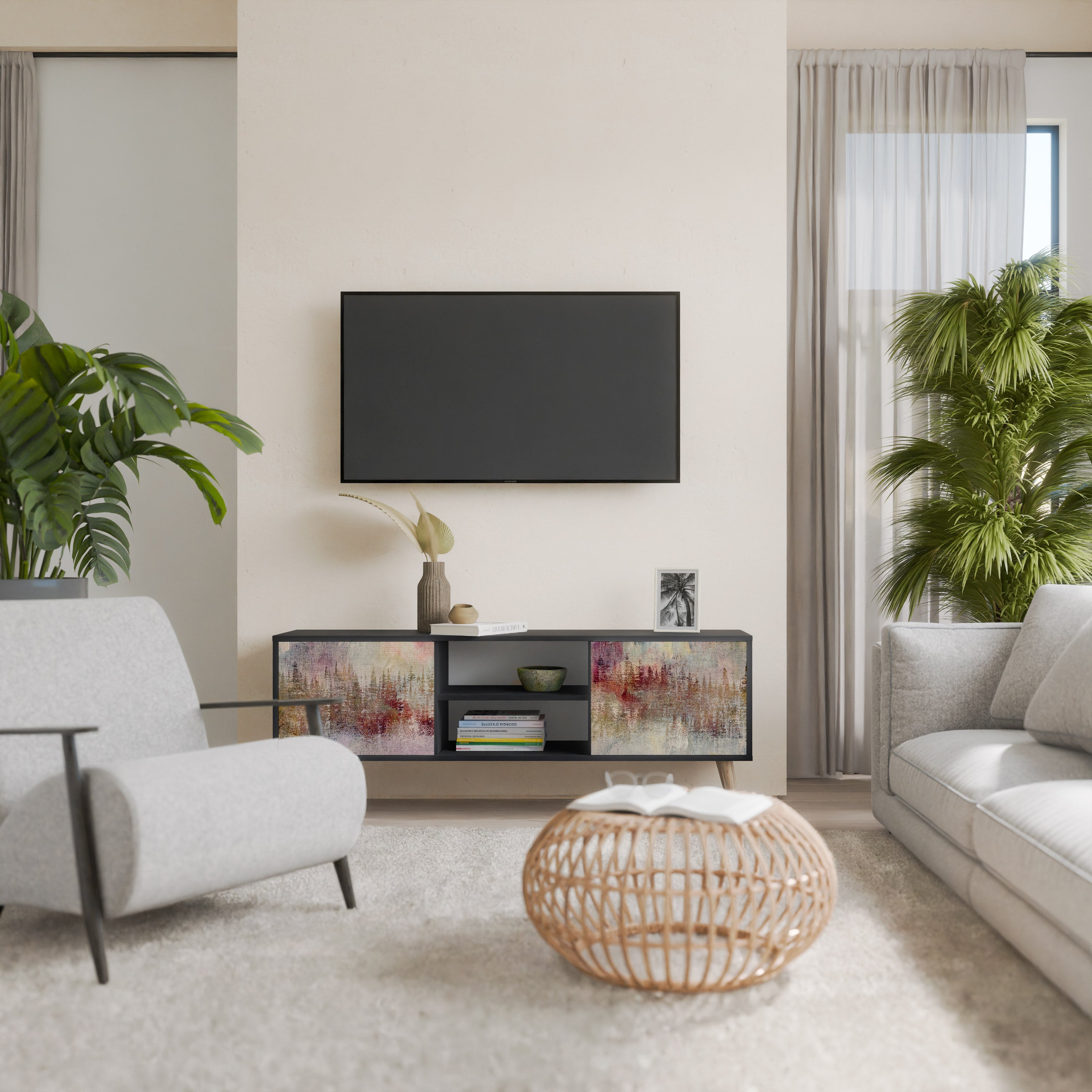 Mueble de TV de 2 puertas VEILED SUMMIT con acabado negro
