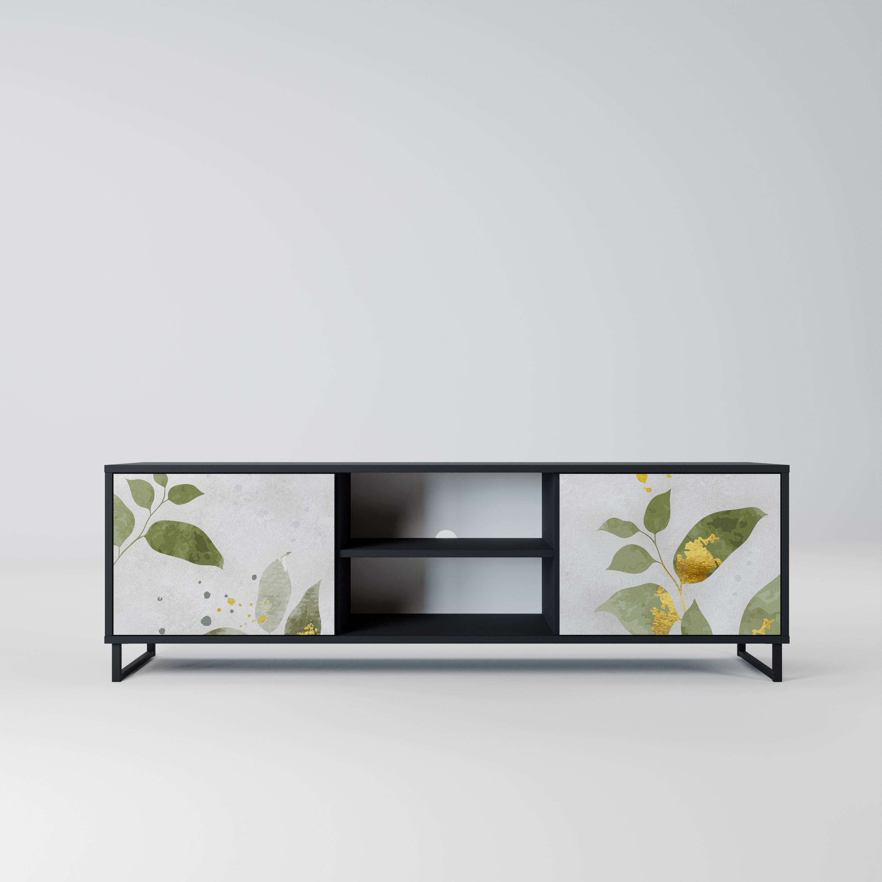 Elegante mueble de TV de 2 puertas BOTANICS con acabado negro