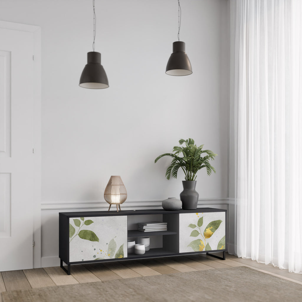 Elegante mueble de TV de 2 puertas BOTANICS con acabado negro