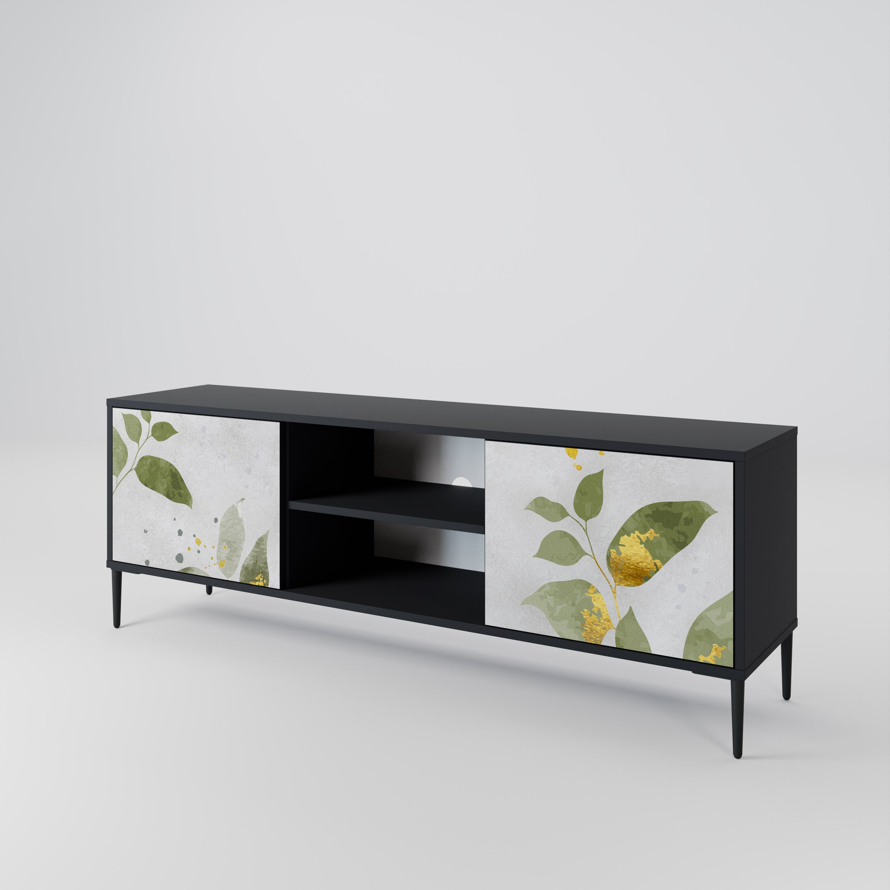 Elegante mueble de TV de 2 puertas BOTANICS con acabado negro