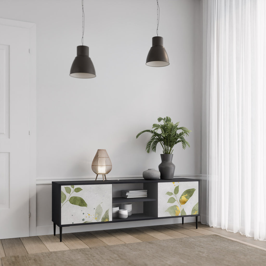 Elegante mueble de TV de 2 puertas BOTANICS con acabado negro
