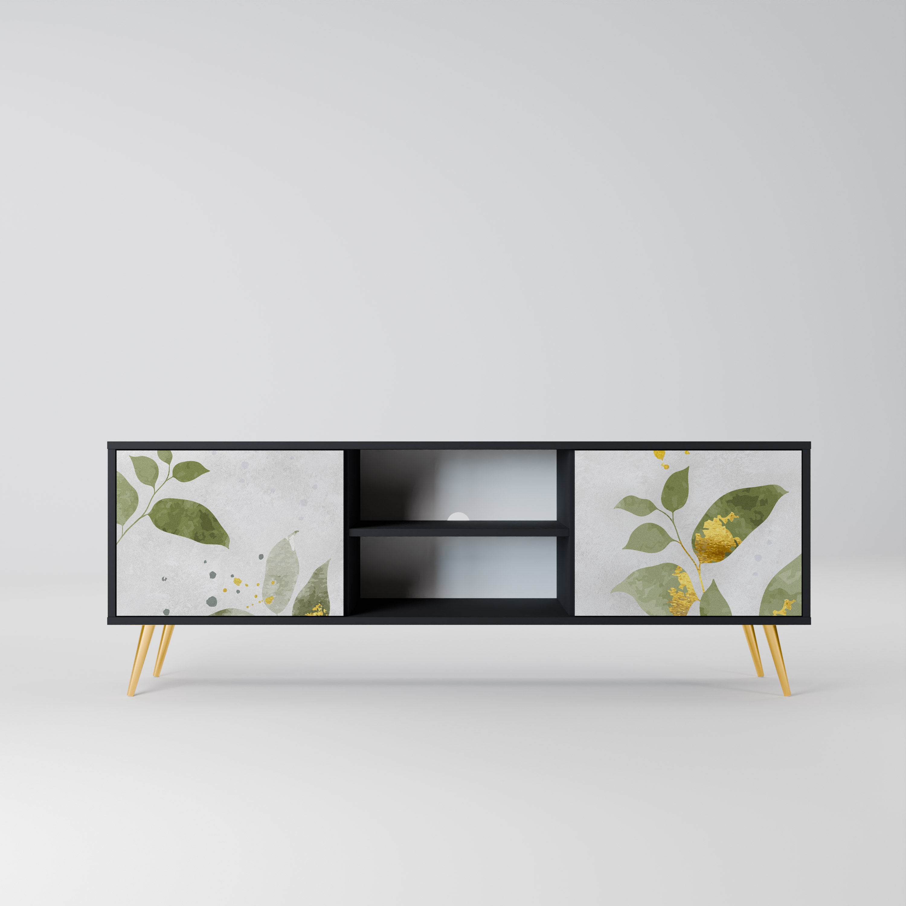 Elegante mueble de TV de 2 puertas BOTANICS con acabado negro