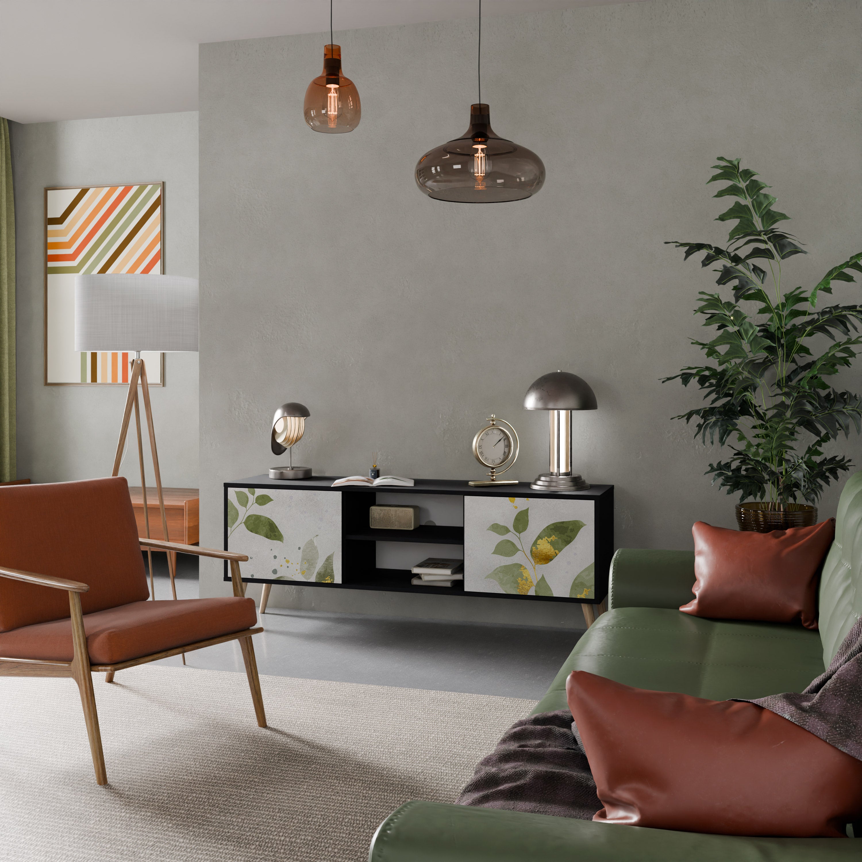 Elegante mueble de TV de 2 puertas BOTANICS con acabado negro