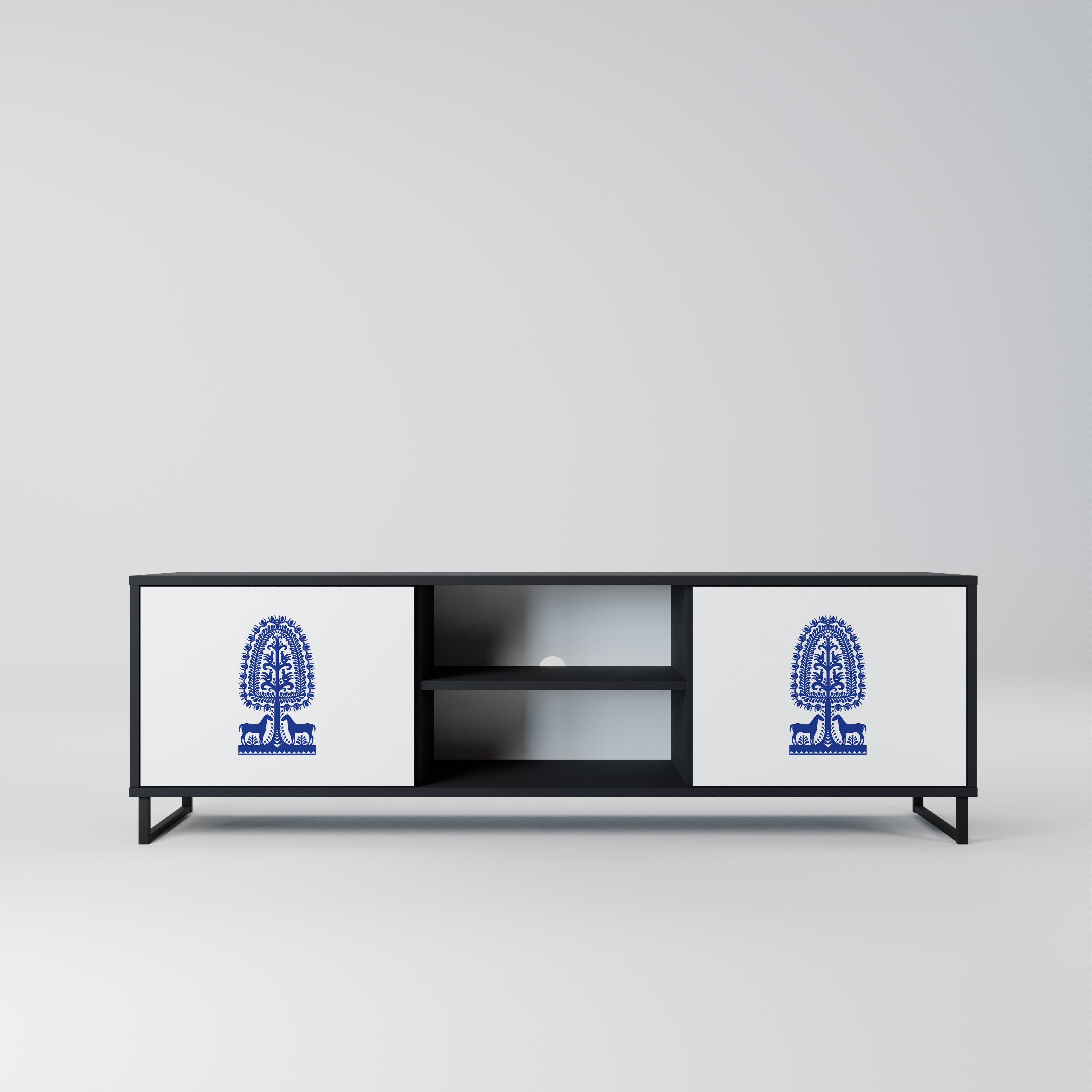 Mueble de TV de dos puertas con acabado negro de arte popular polaco