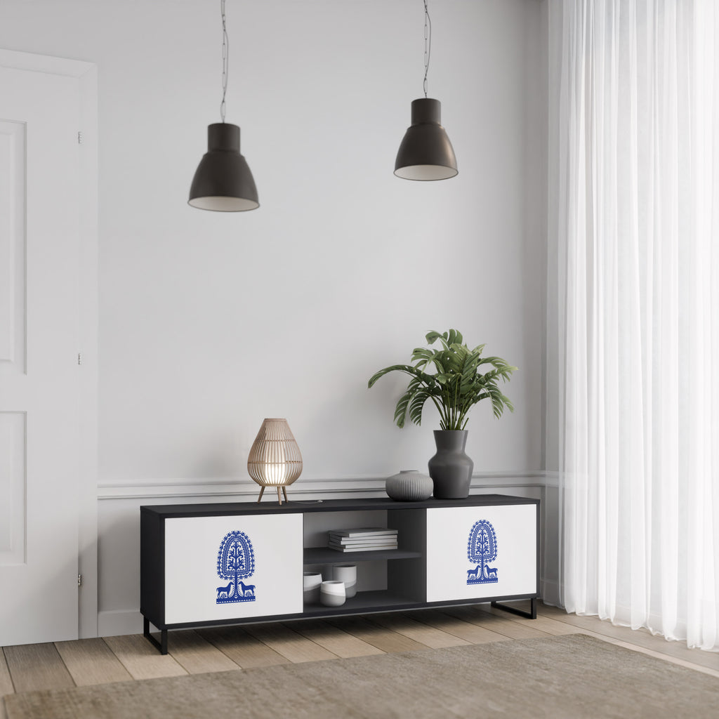 Mueble de TV de dos puertas con acabado negro de arte popular polaco