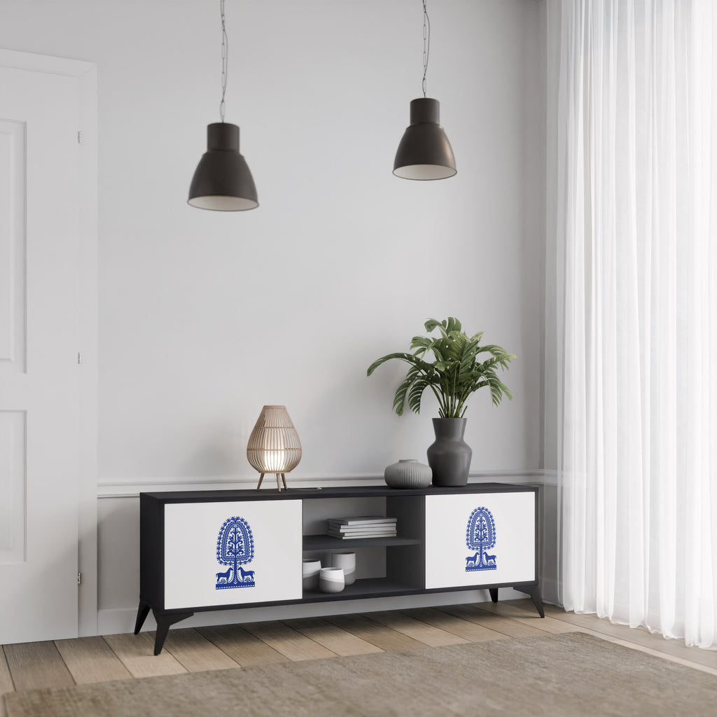 Mueble de TV de dos puertas con acabado negro de arte popular polaco