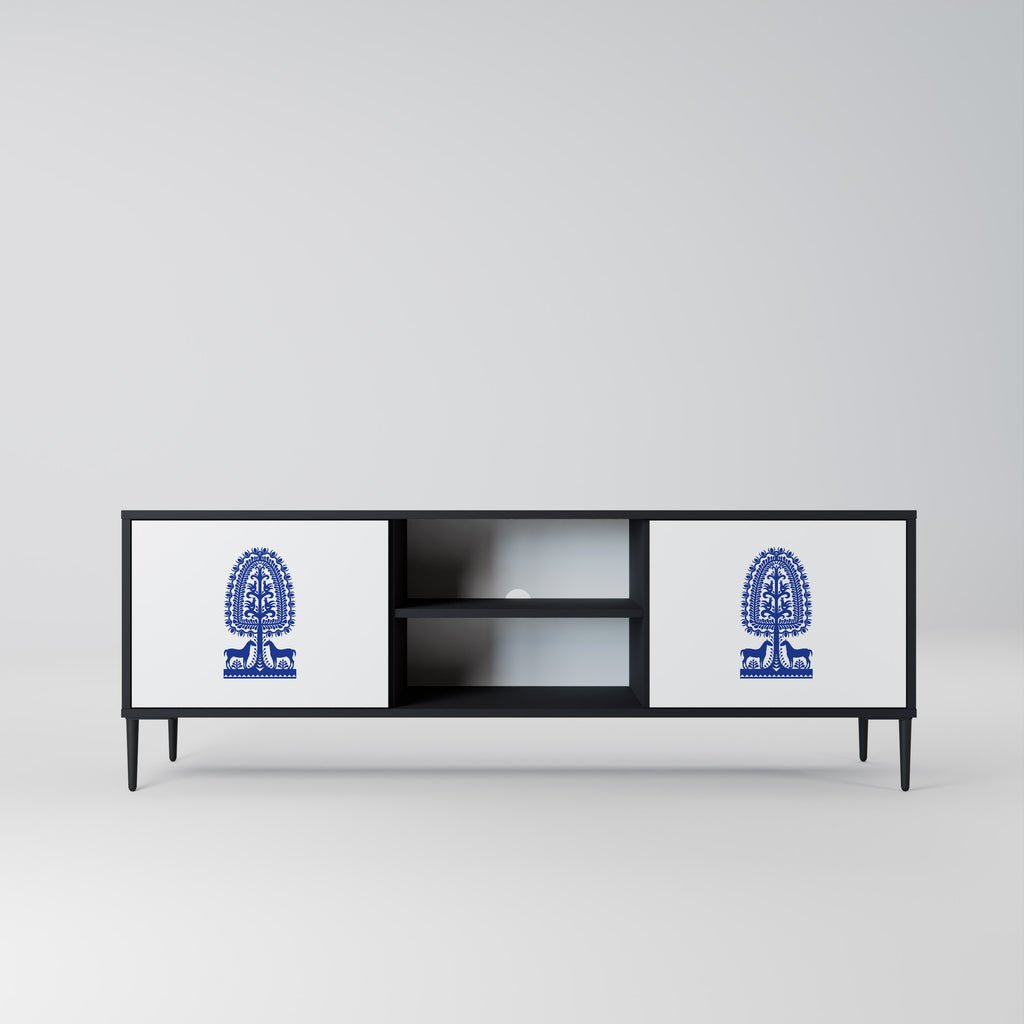 Mueble de TV de dos puertas con acabado negro de arte popular polaco