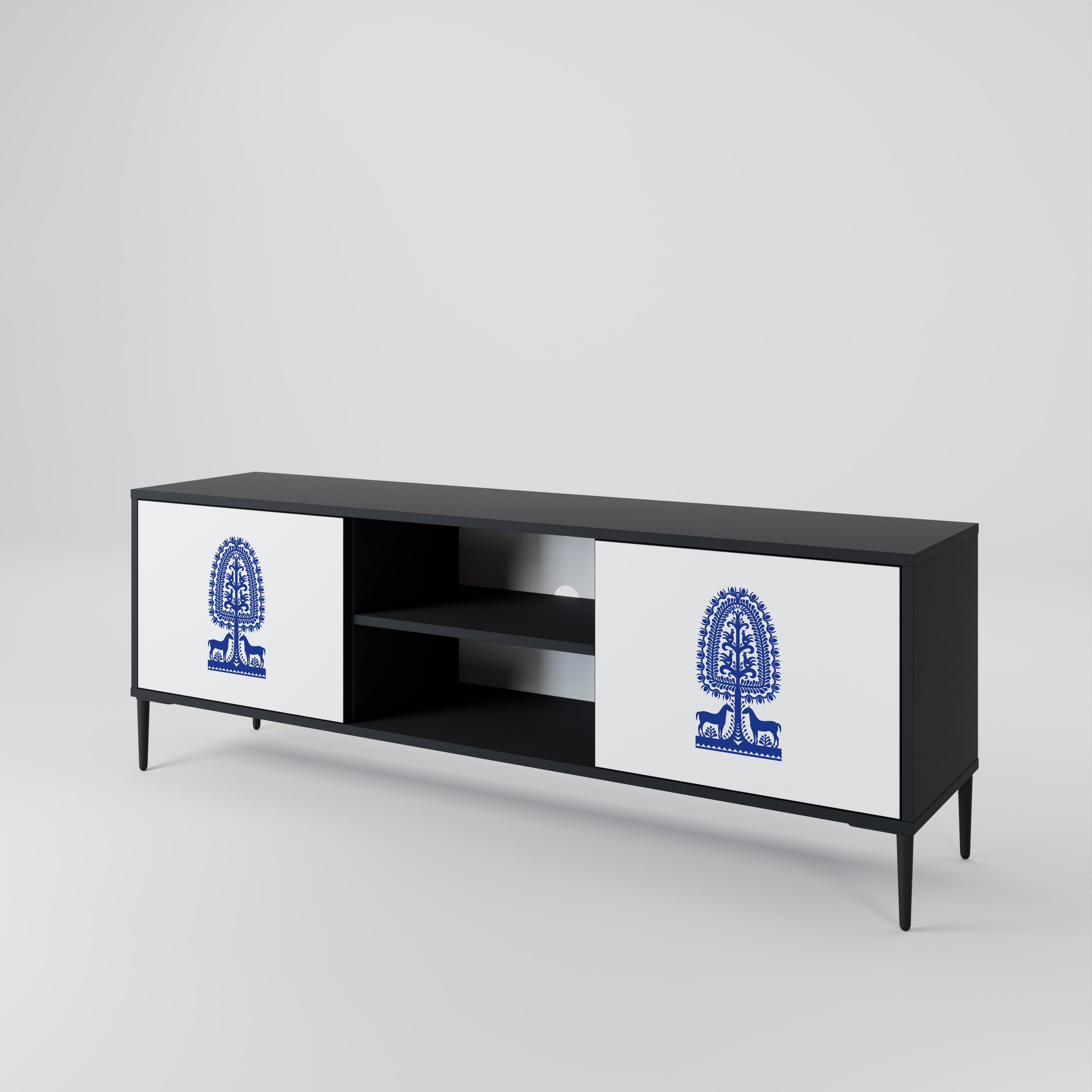 Mueble de TV de dos puertas con acabado negro de arte popular polaco