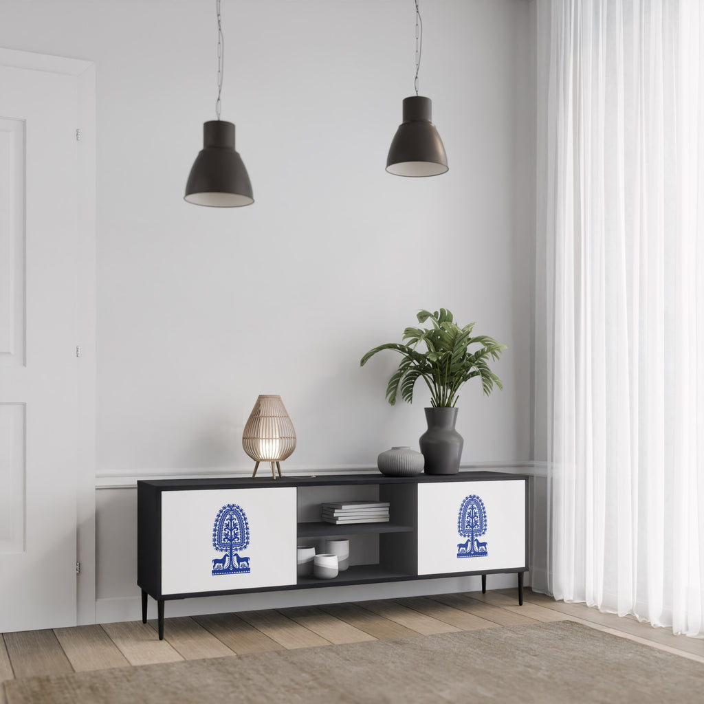 Mueble de TV de dos puertas con acabado negro de arte popular polaco