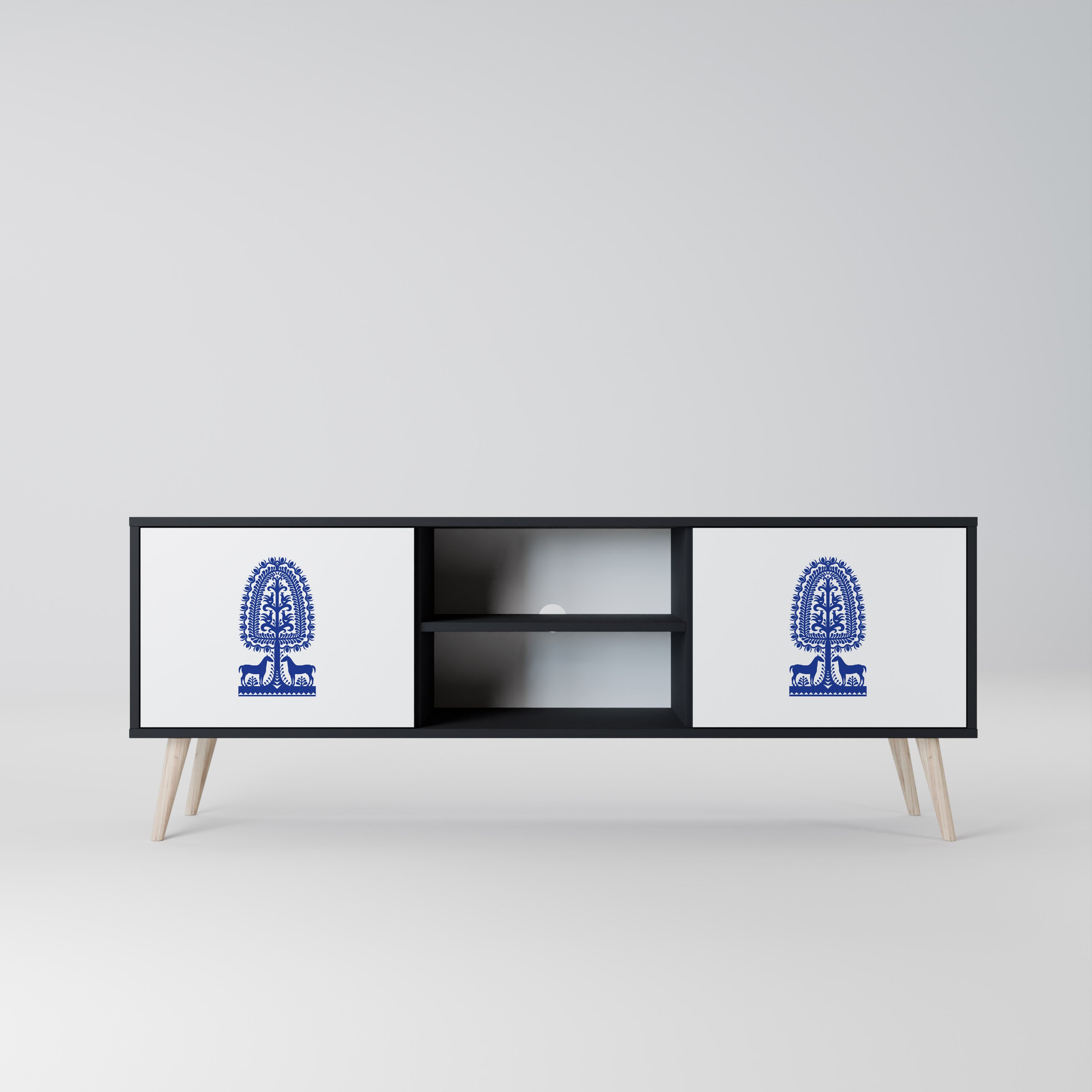 Mueble de TV de dos puertas con acabado negro de arte popular polaco