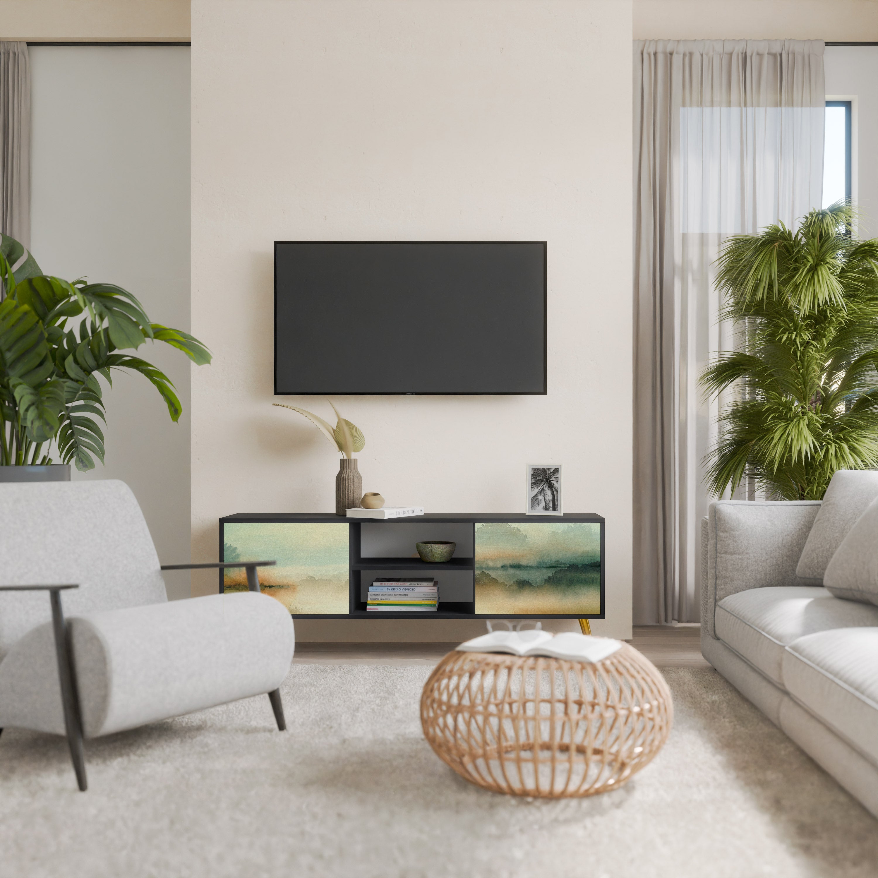 Mueble de TV de 2 puertas MORNING BY THE LAKE con acabado negro