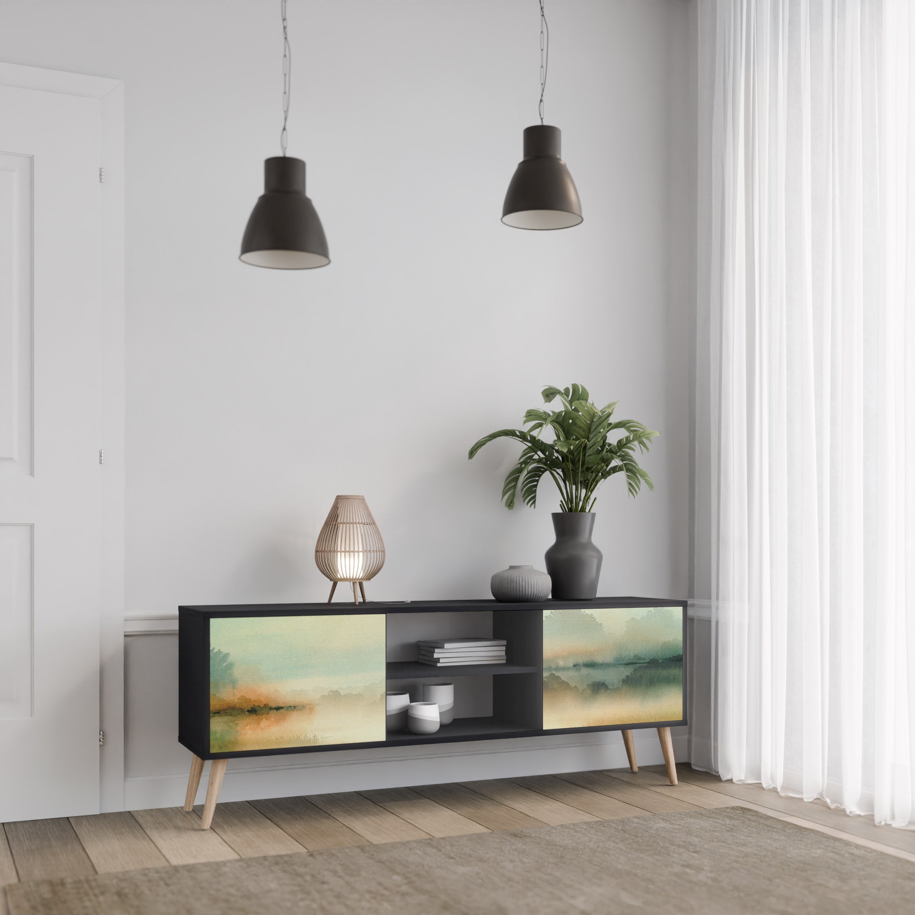 Mueble de TV de 2 puertas MORNING BY THE LAKE con acabado negro