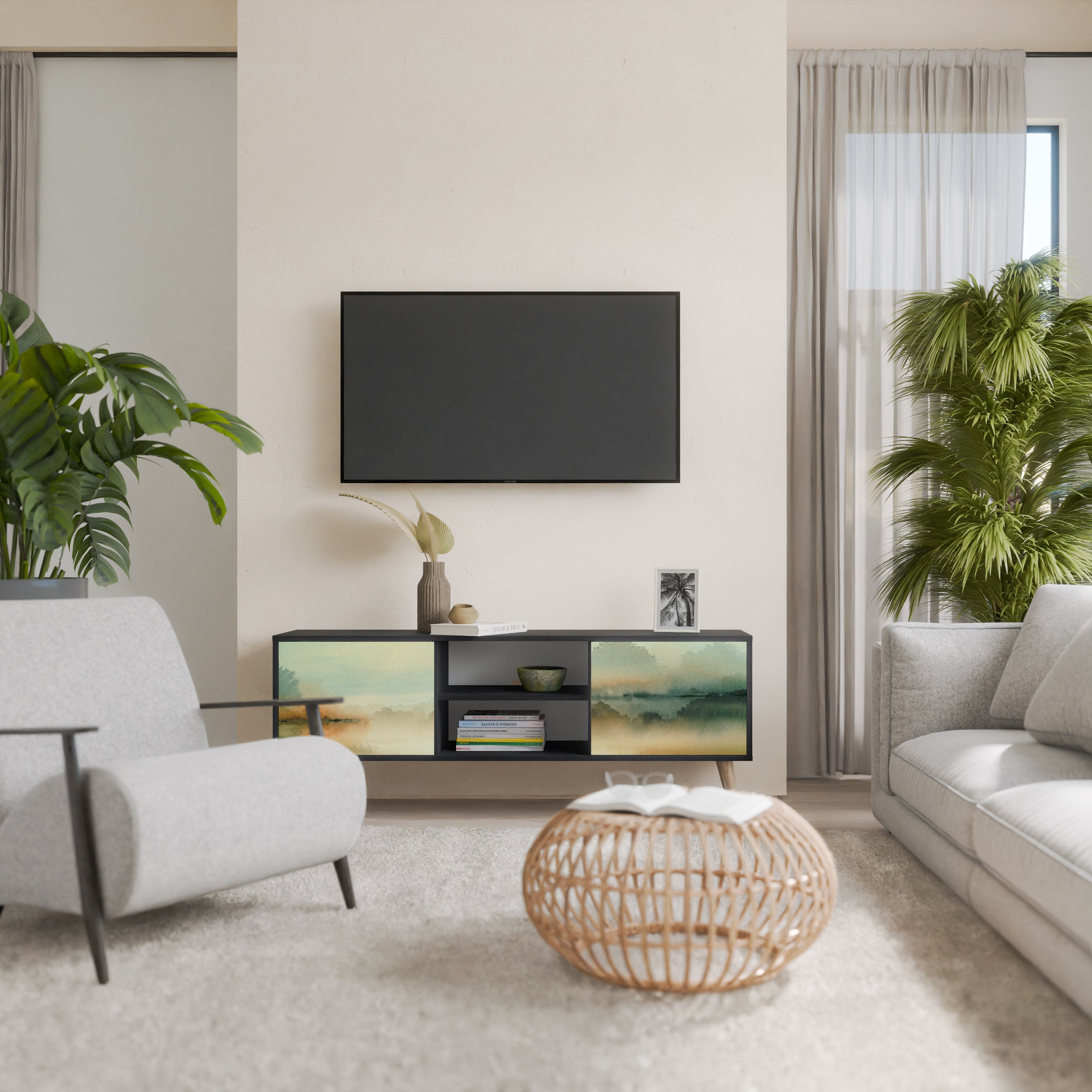 Mueble de TV de 2 puertas MORNING BY THE LAKE con acabado negro