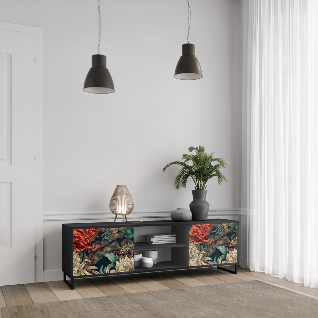 Mueble de TV de 2 puertas SPROUTING GRACE con acabado negro