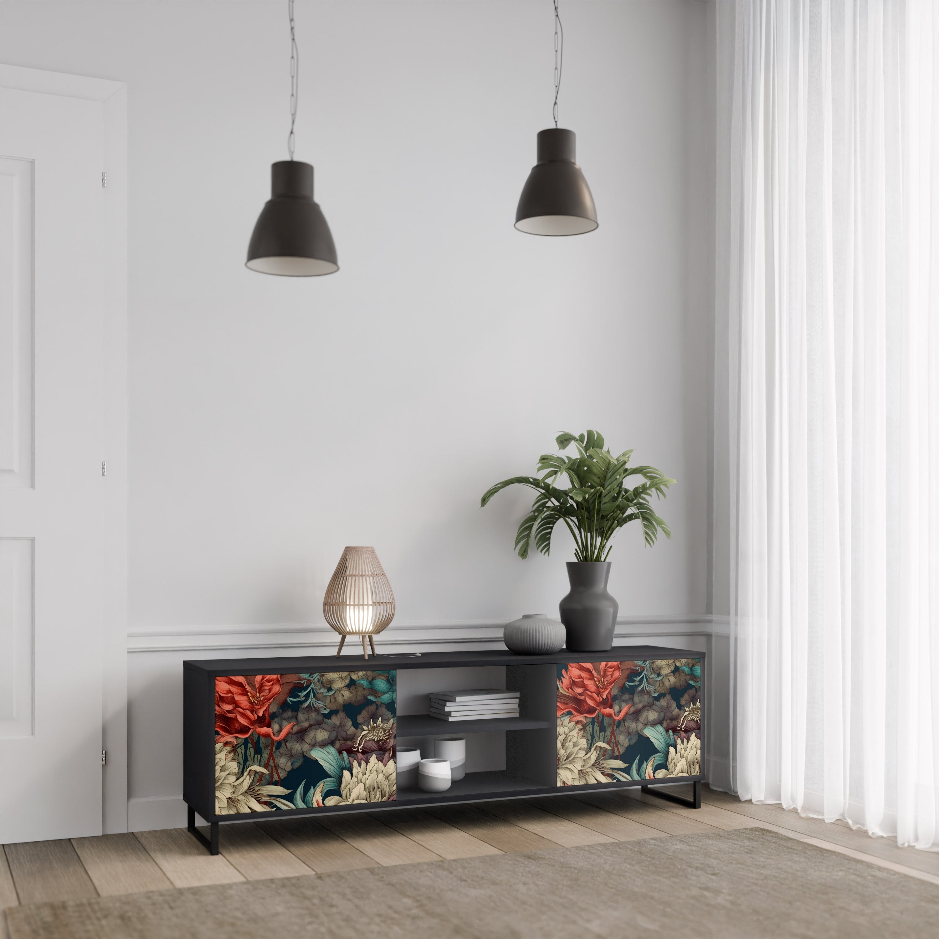 Mueble de TV de 2 puertas SPROUTING GRACE con acabado negro