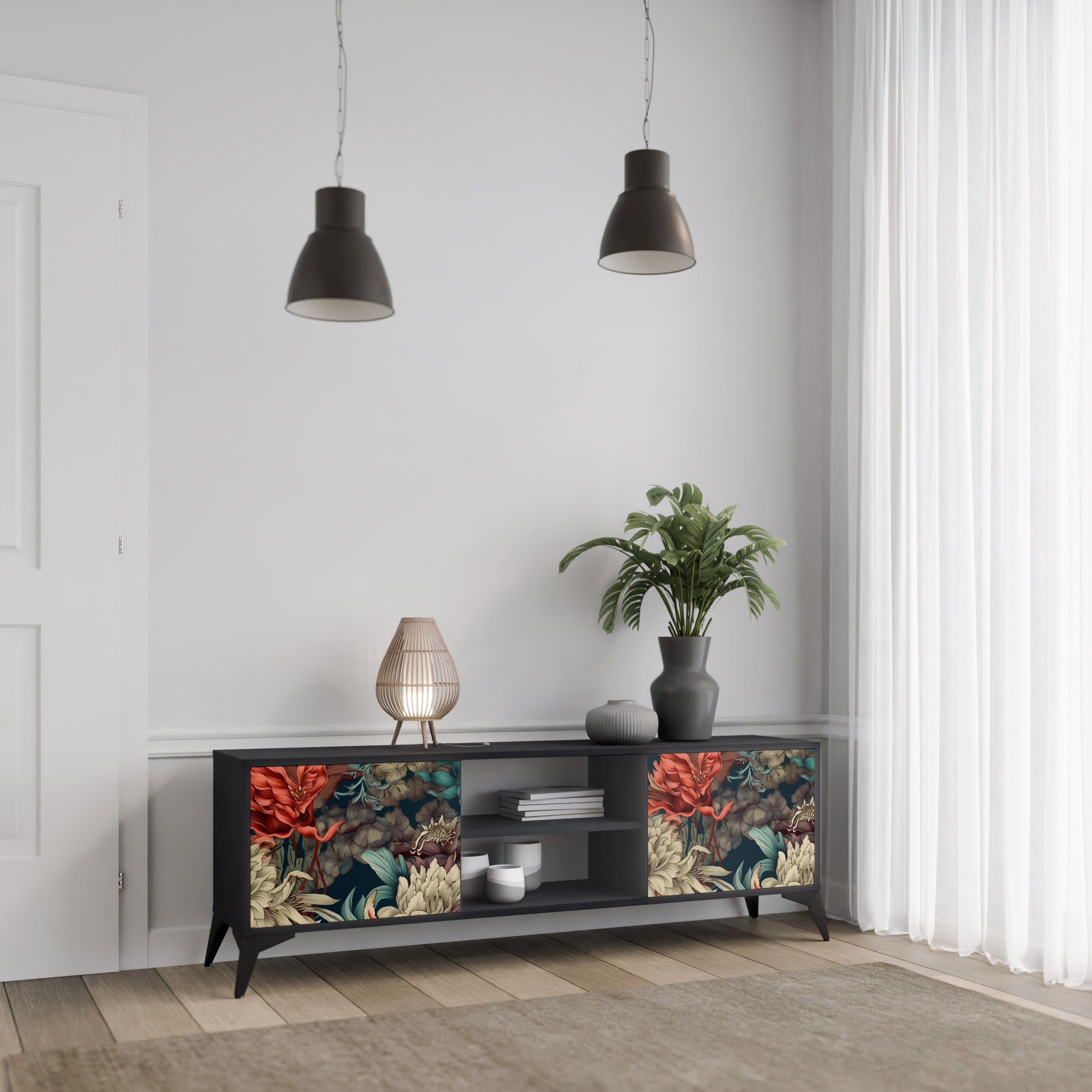 Mueble de TV de 2 puertas SPROUTING GRACE con acabado negro