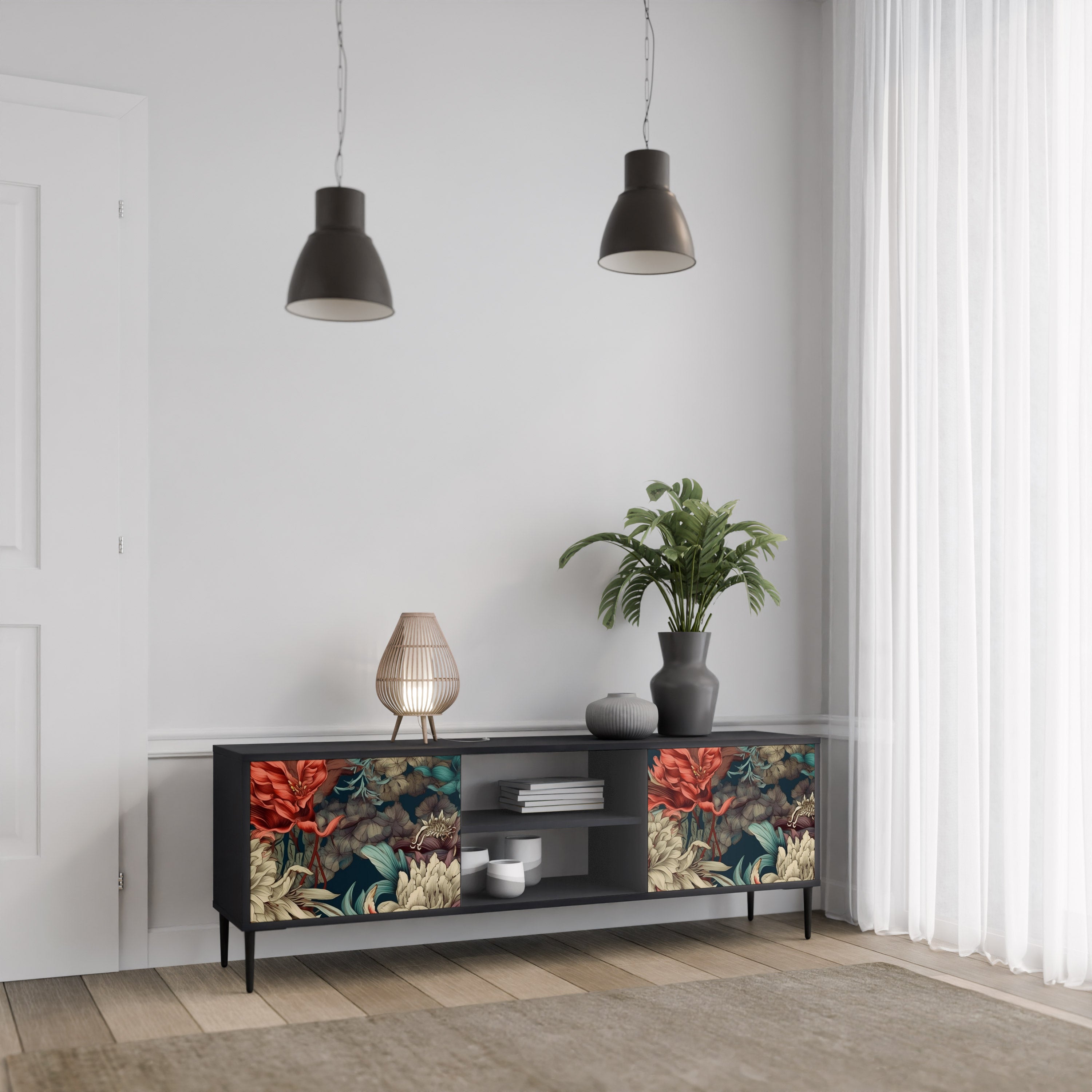 Mueble de TV de 2 puertas SPROUTING GRACE con acabado negro