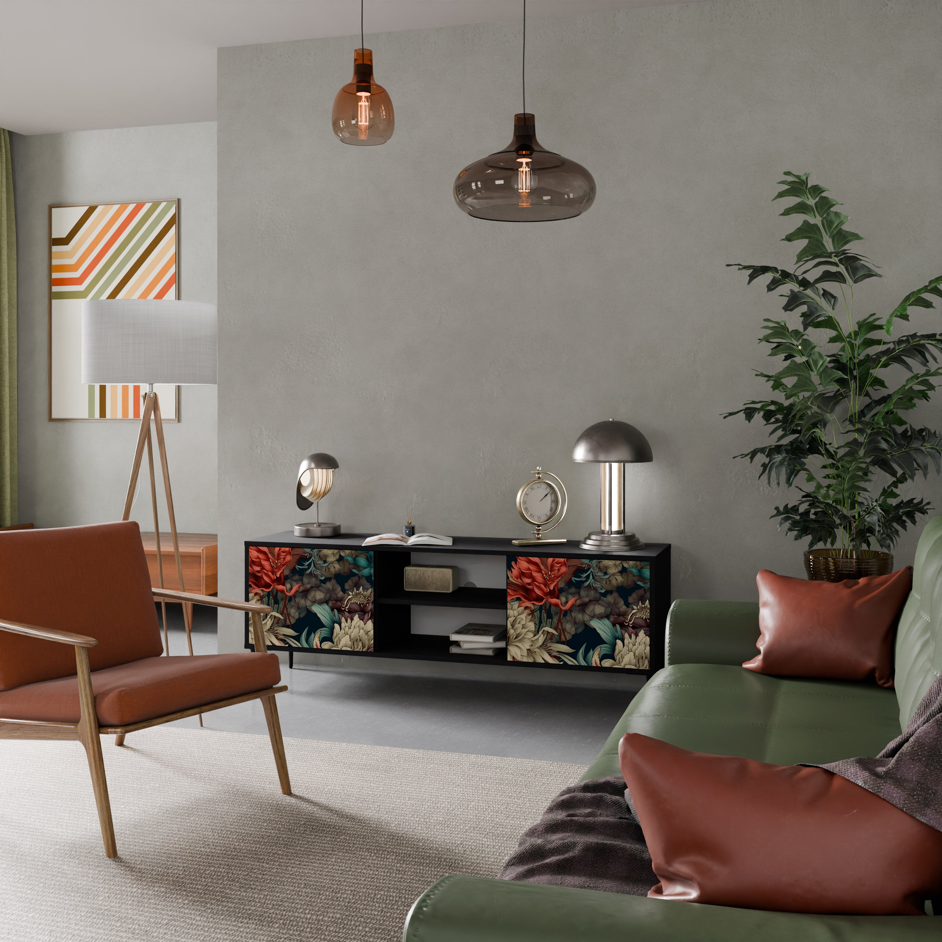 Mueble de TV de 2 puertas SPROUTING GRACE con acabado negro