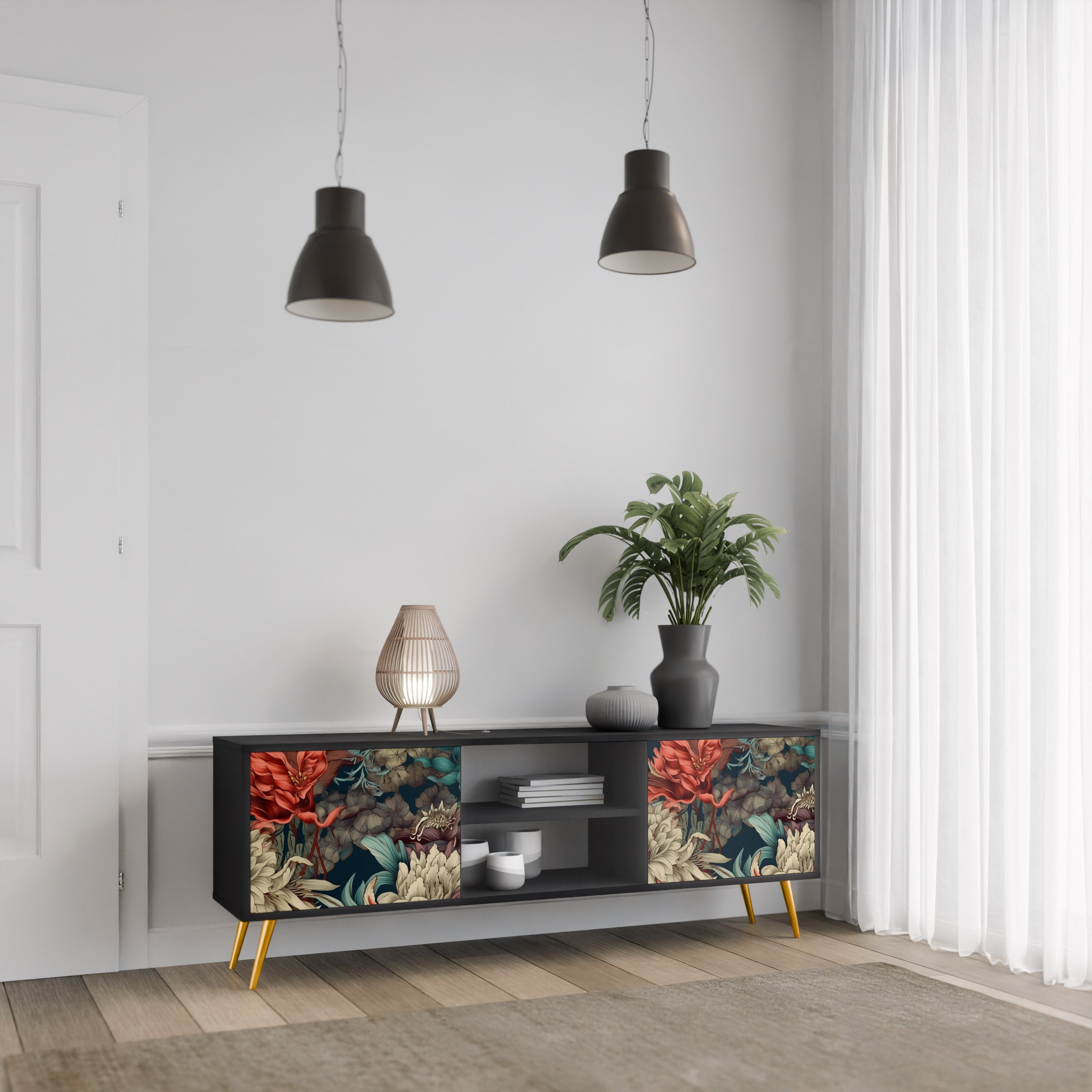 Mueble de TV de 2 puertas SPROUTING GRACE con acabado negro