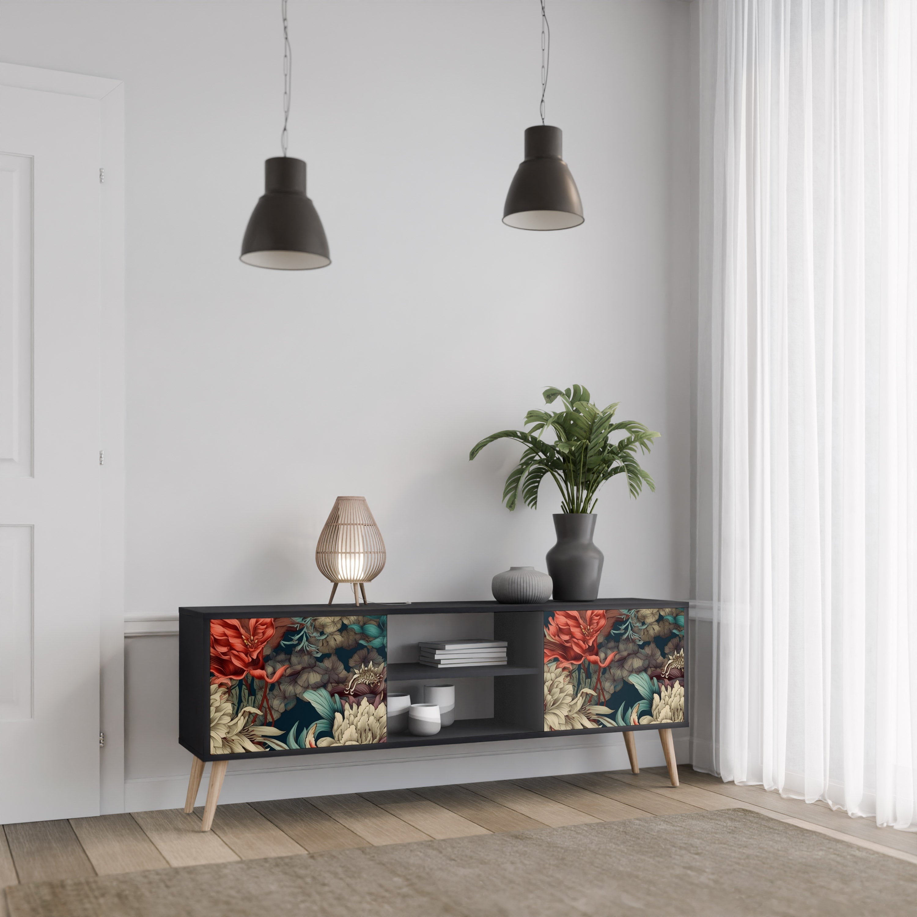 Mueble de TV de 2 puertas SPROUTING GRACE con acabado negro