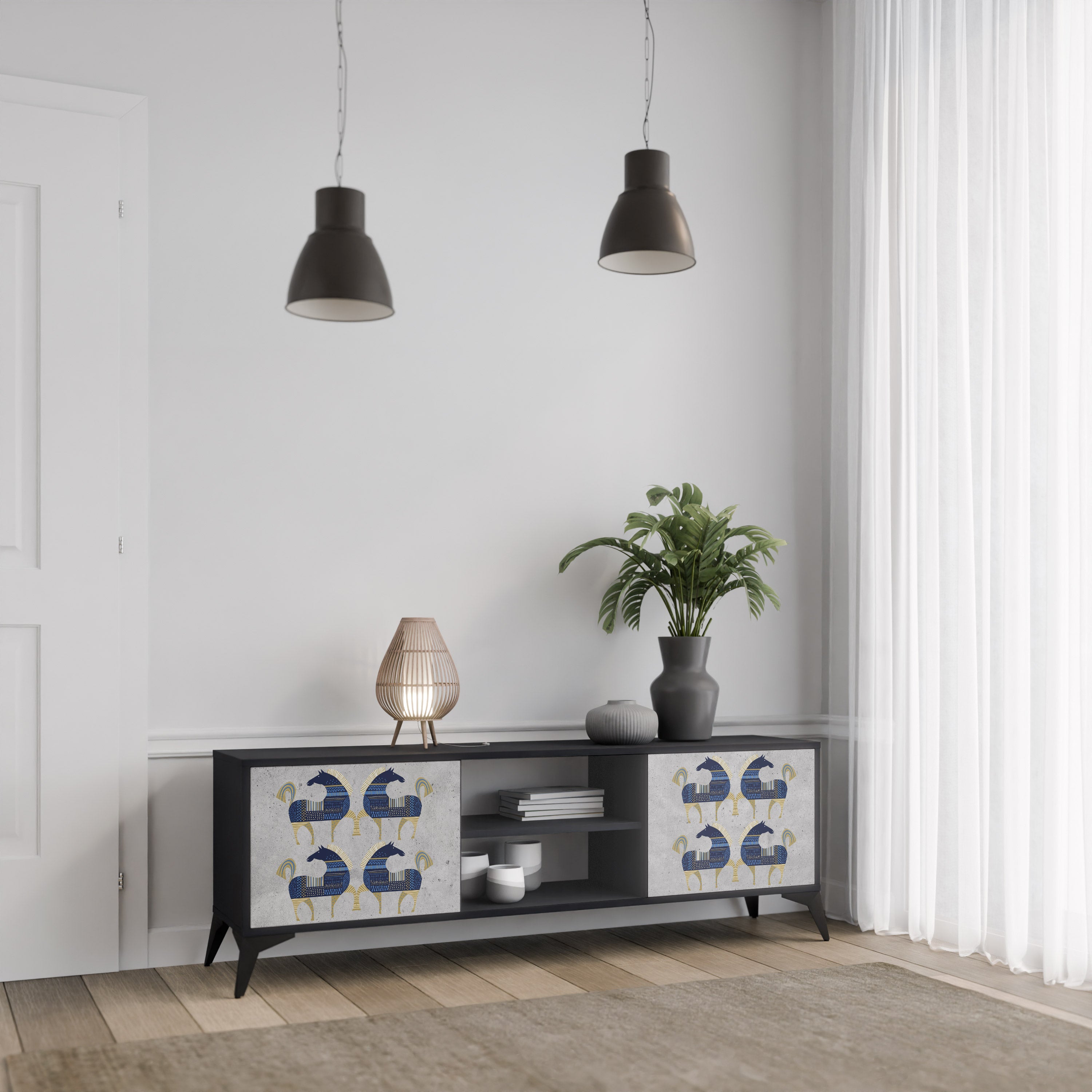 Mueble de TV MAJESTIC STEED de 2 puertas con acabado negro