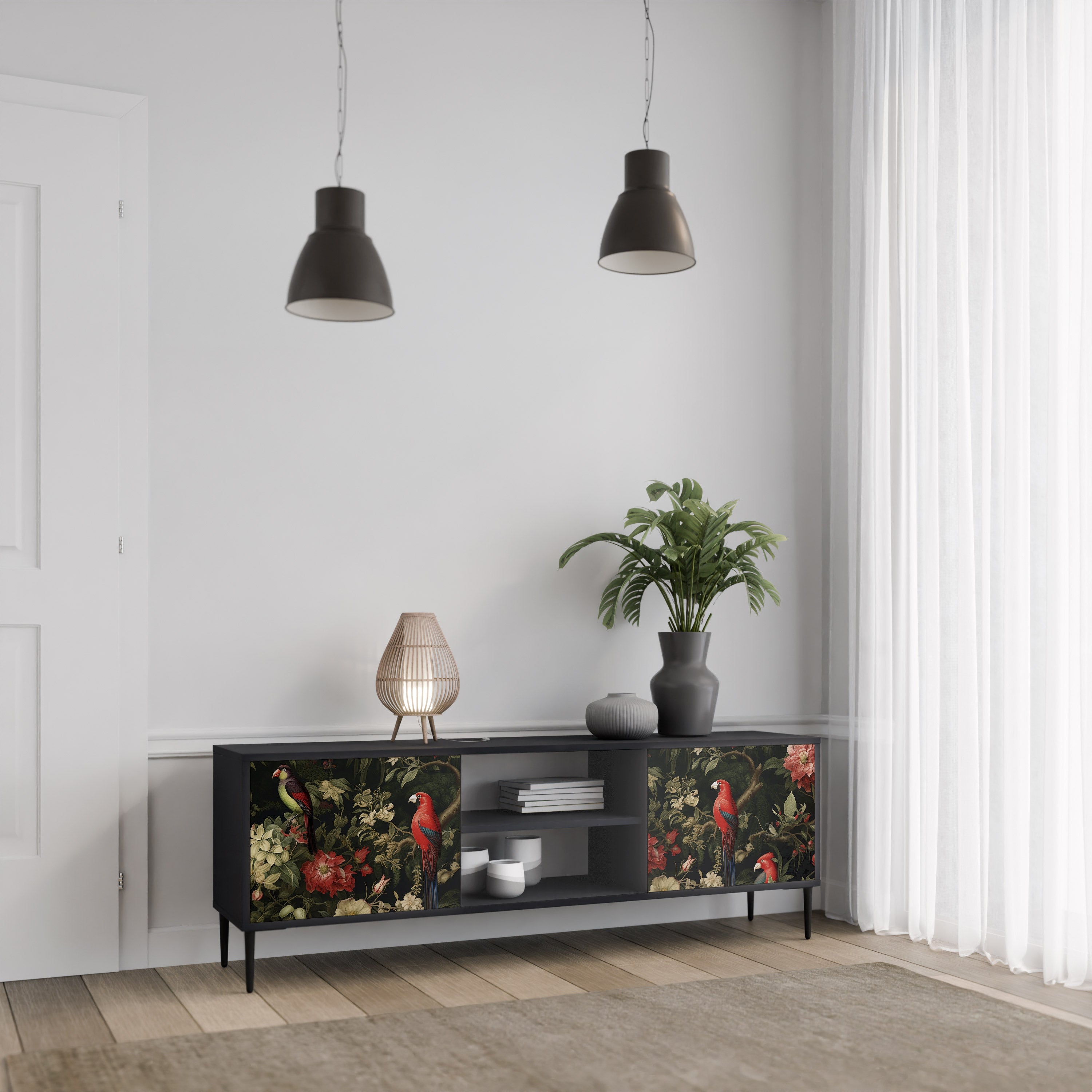 Mueble de TV de 2 puertas AVIAN GREENERY con acabado negro