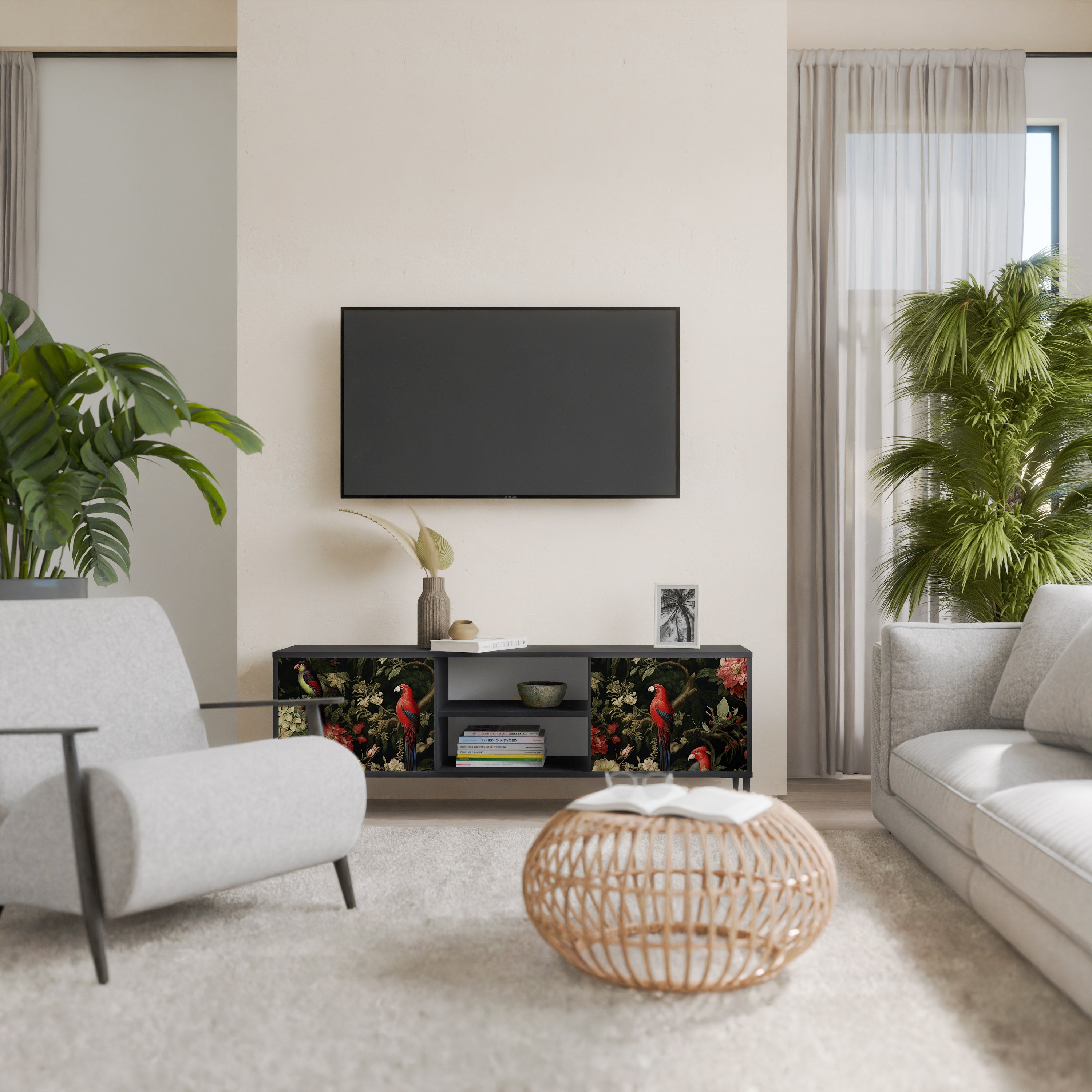 Mueble de TV de 2 puertas AVIAN GREENERY con acabado negro