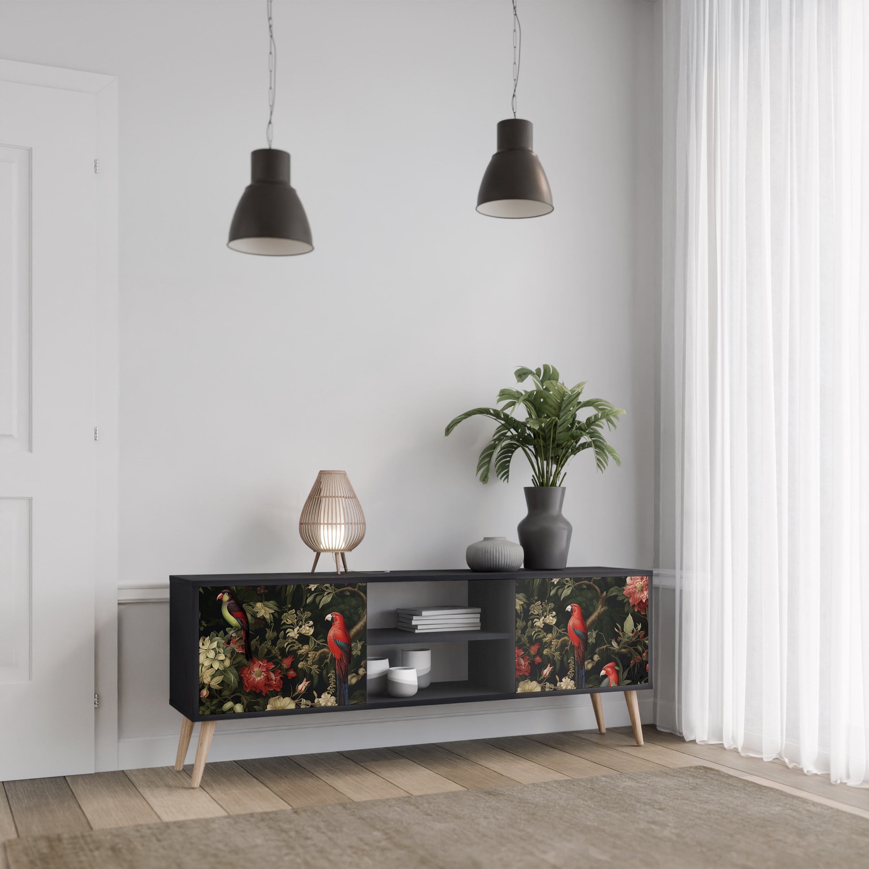 Mueble de TV de 2 puertas AVIAN GREENERY con acabado negro