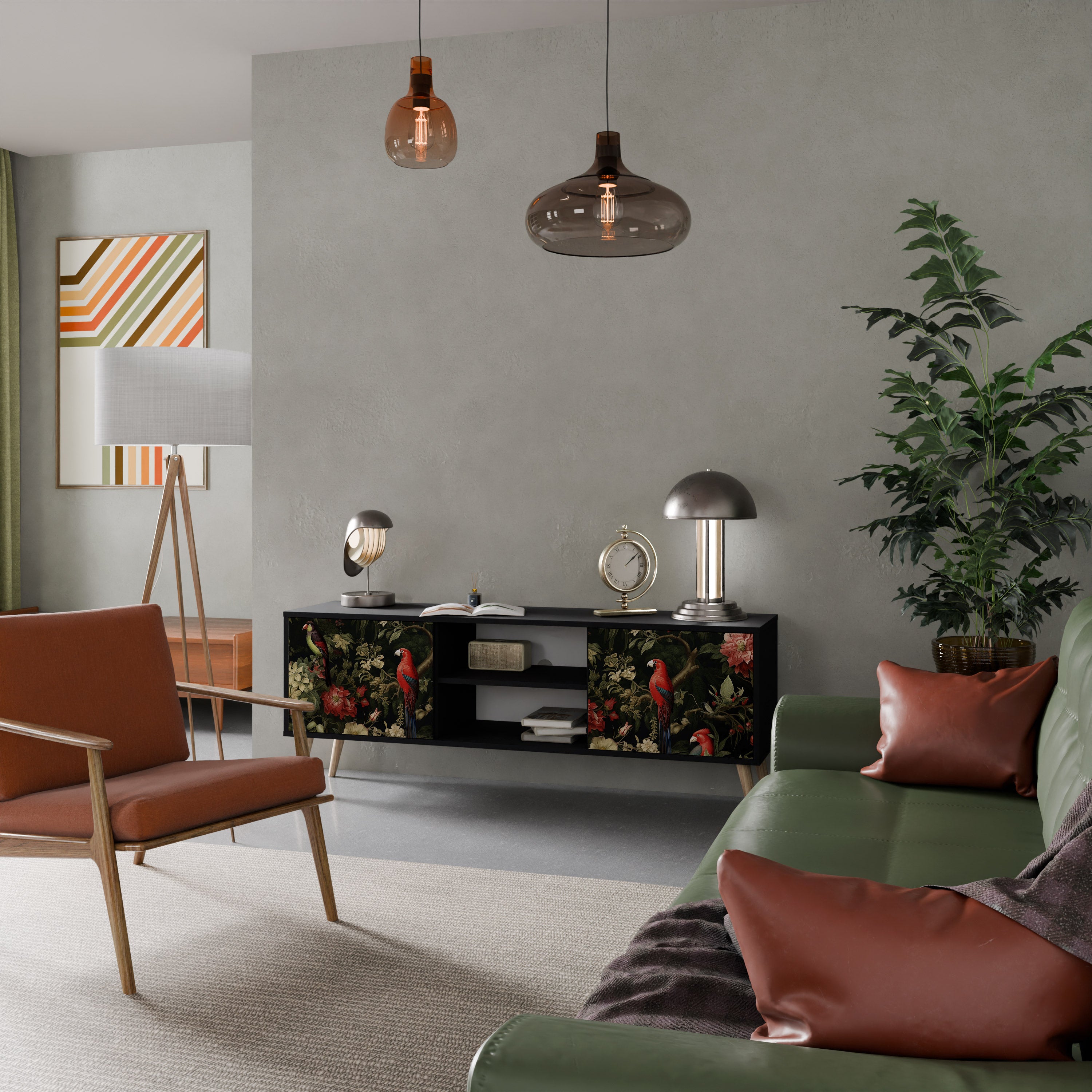 Mueble de TV de 2 puertas AVIAN GREENERY con acabado negro