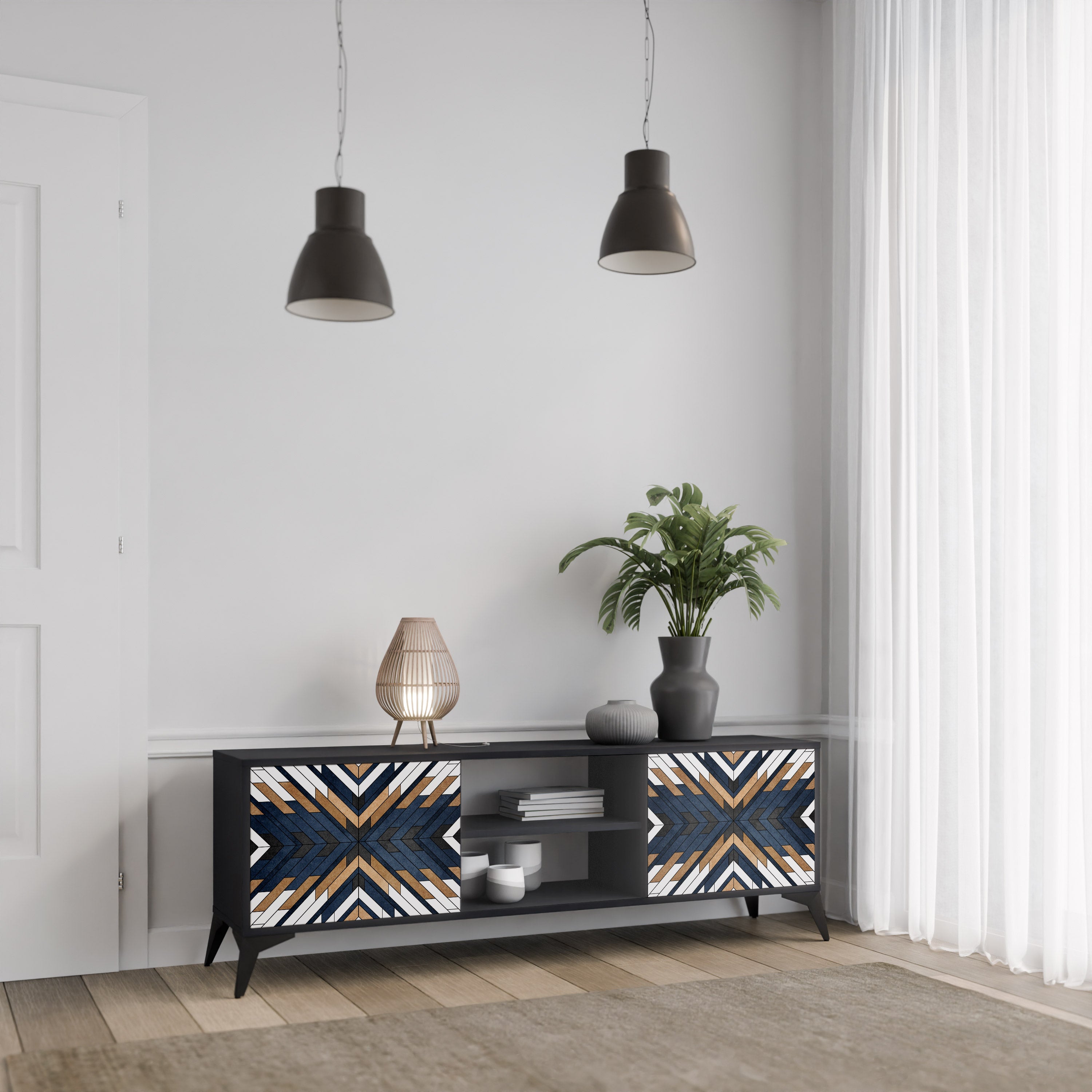 Mueble de TV de 2 puertas ARTFUL GEOMETRY con acabado negro