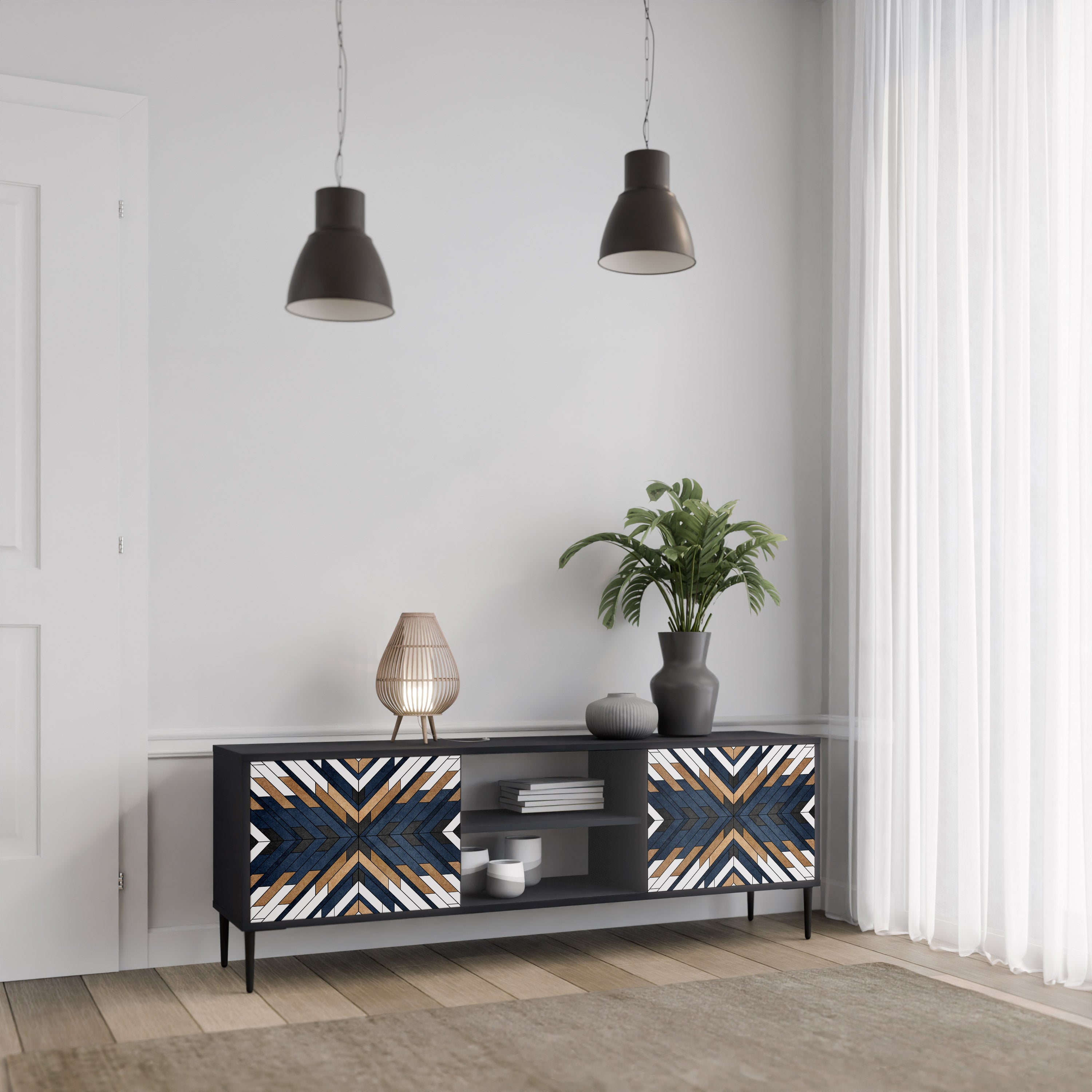 Mueble de TV de 2 puertas ARTFUL GEOMETRY con acabado negro