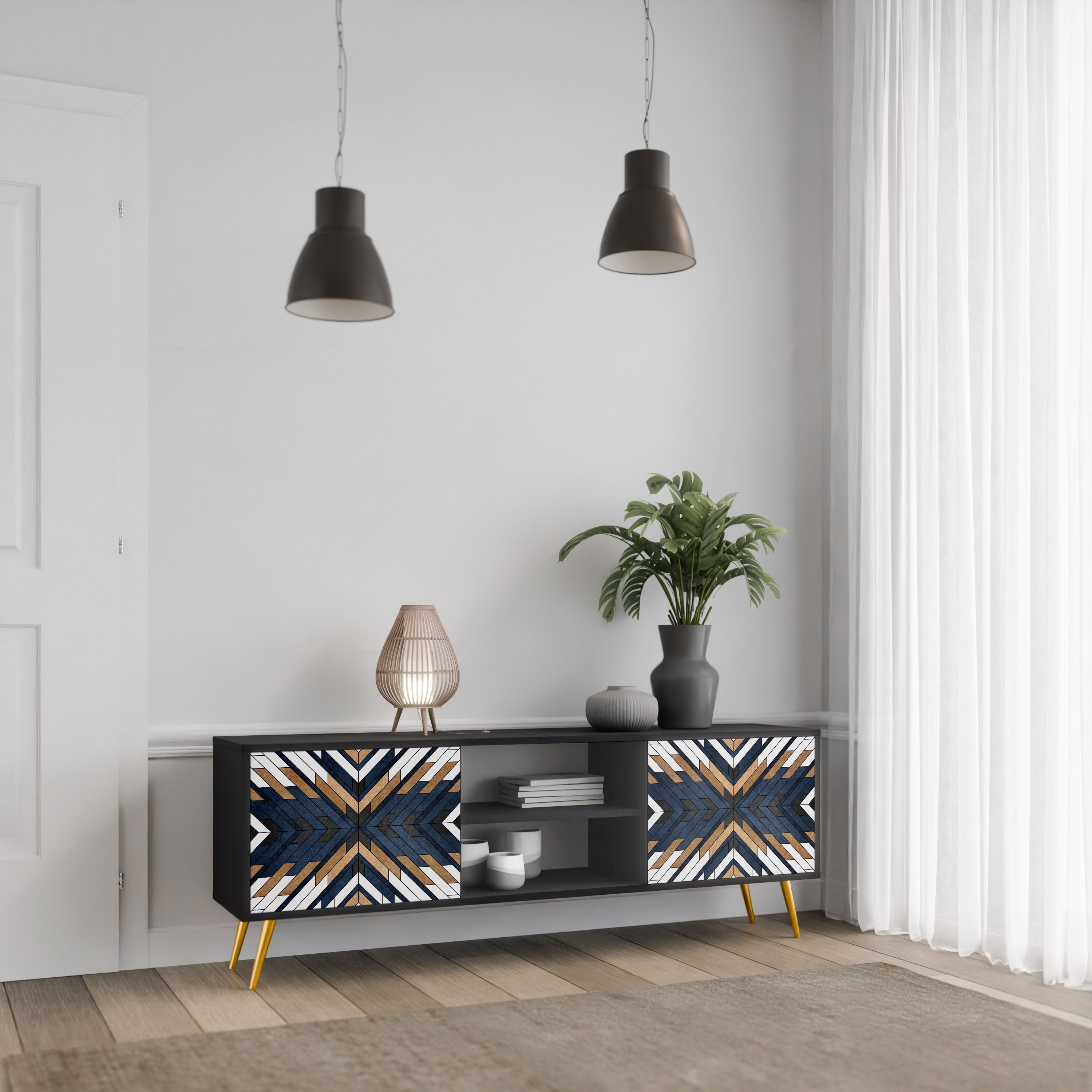 Mueble de TV de 2 puertas ARTFUL GEOMETRY con acabado negro