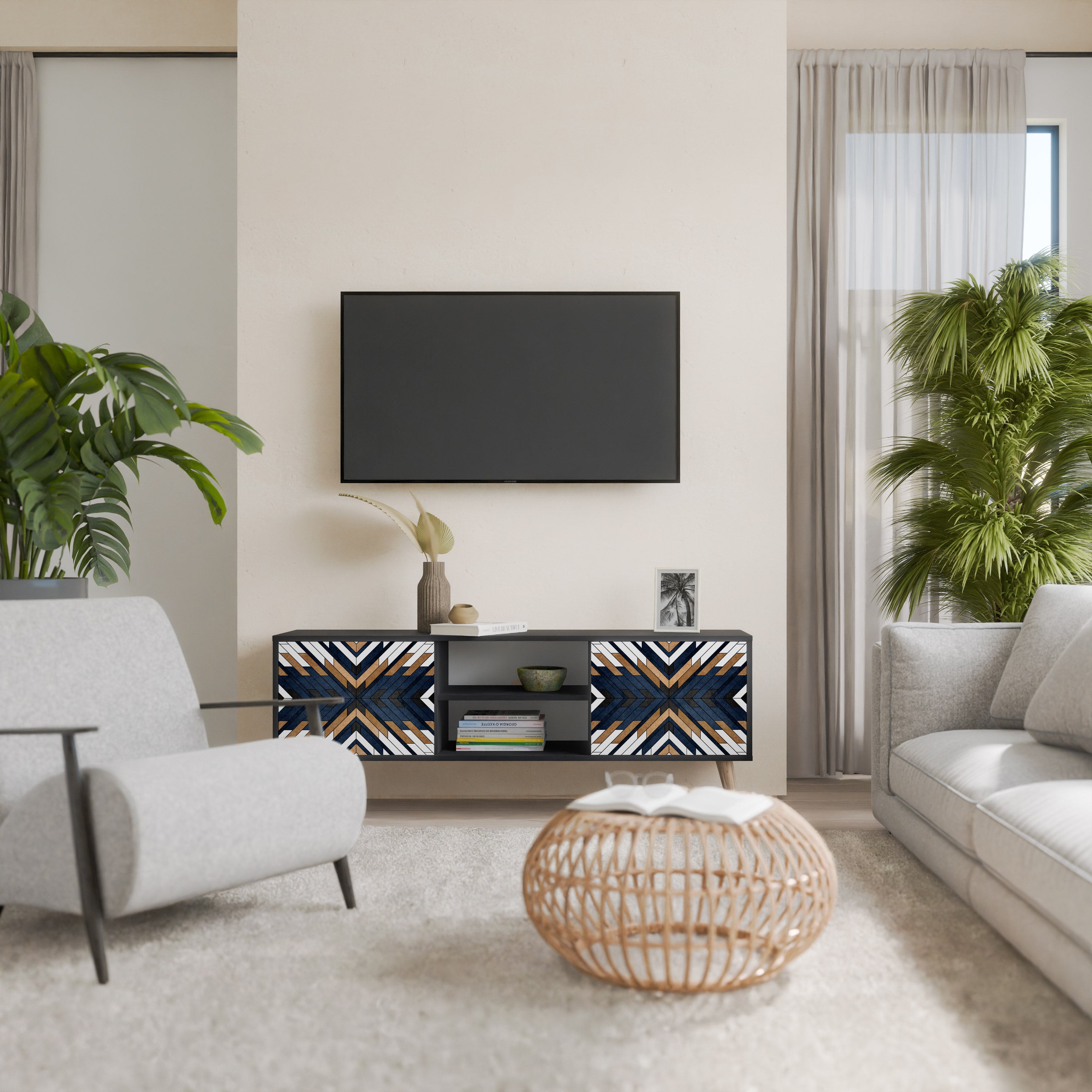 Mueble de TV de 2 puertas ARTFUL GEOMETRY con acabado negro