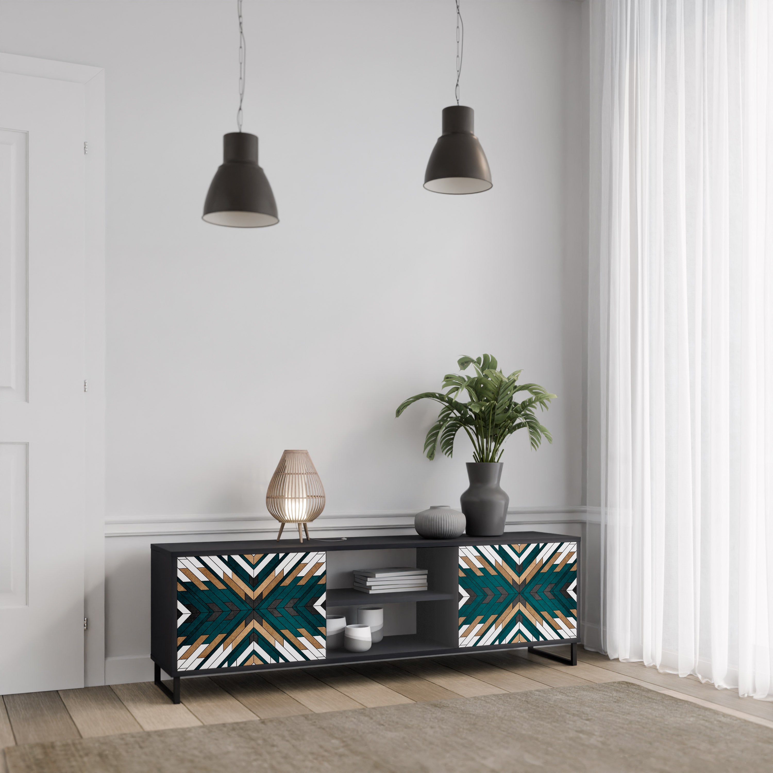 Mueble de TV de 2 puertas ARTISTIC GEOMETRY en acabado negro
