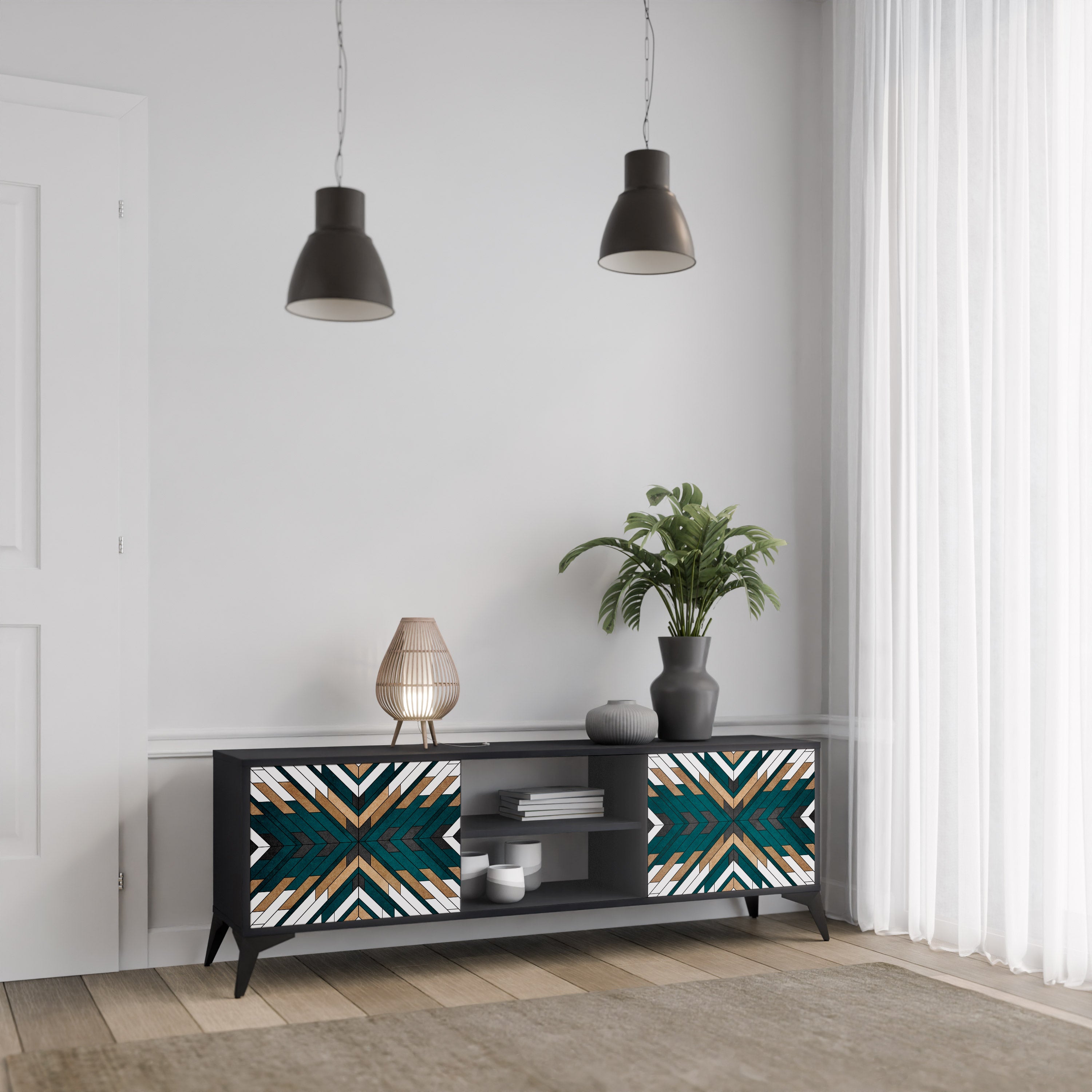 Mueble de TV de 2 puertas ARTISTIC GEOMETRY en acabado negro