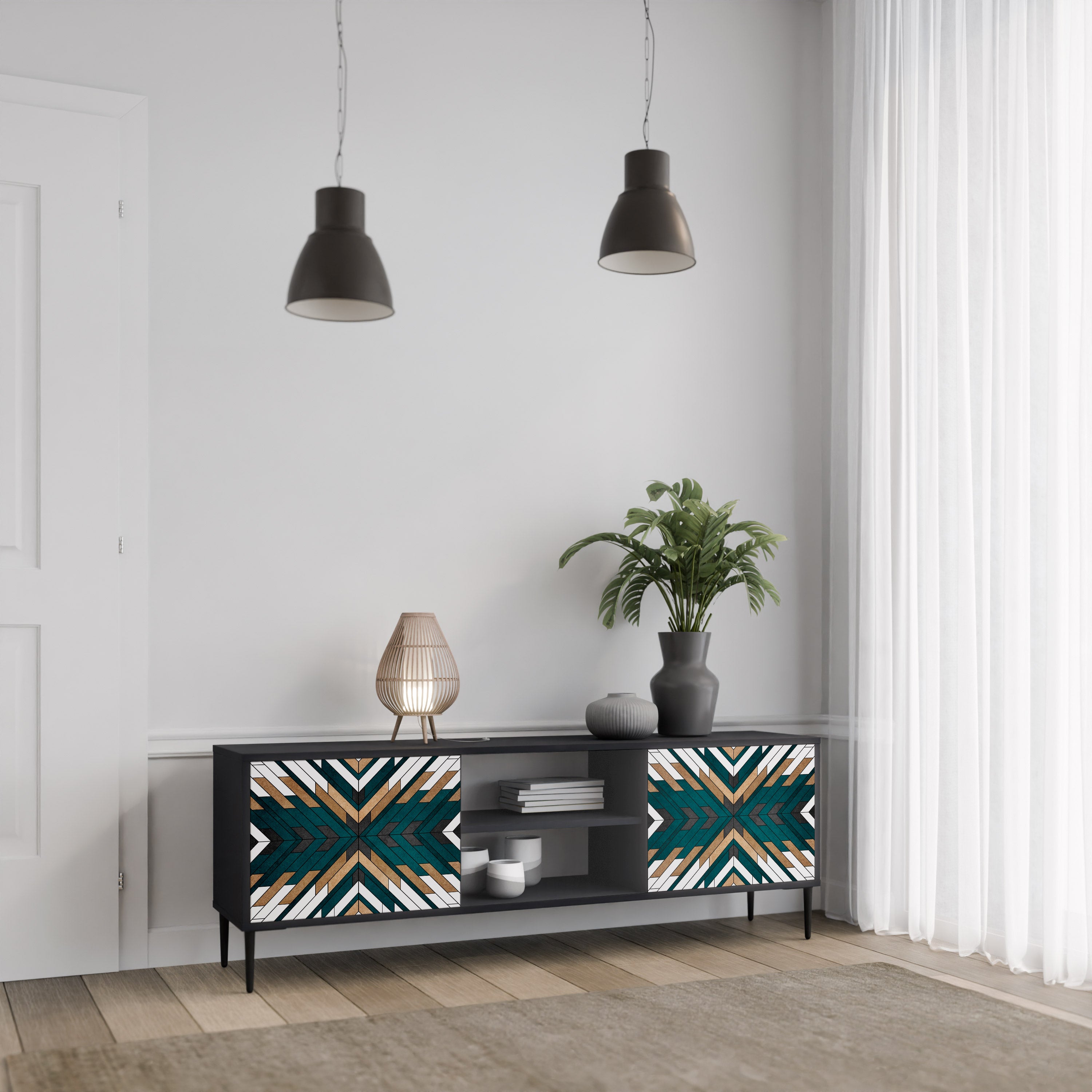 Mueble de TV de 2 puertas ARTISTIC GEOMETRY en acabado negro
