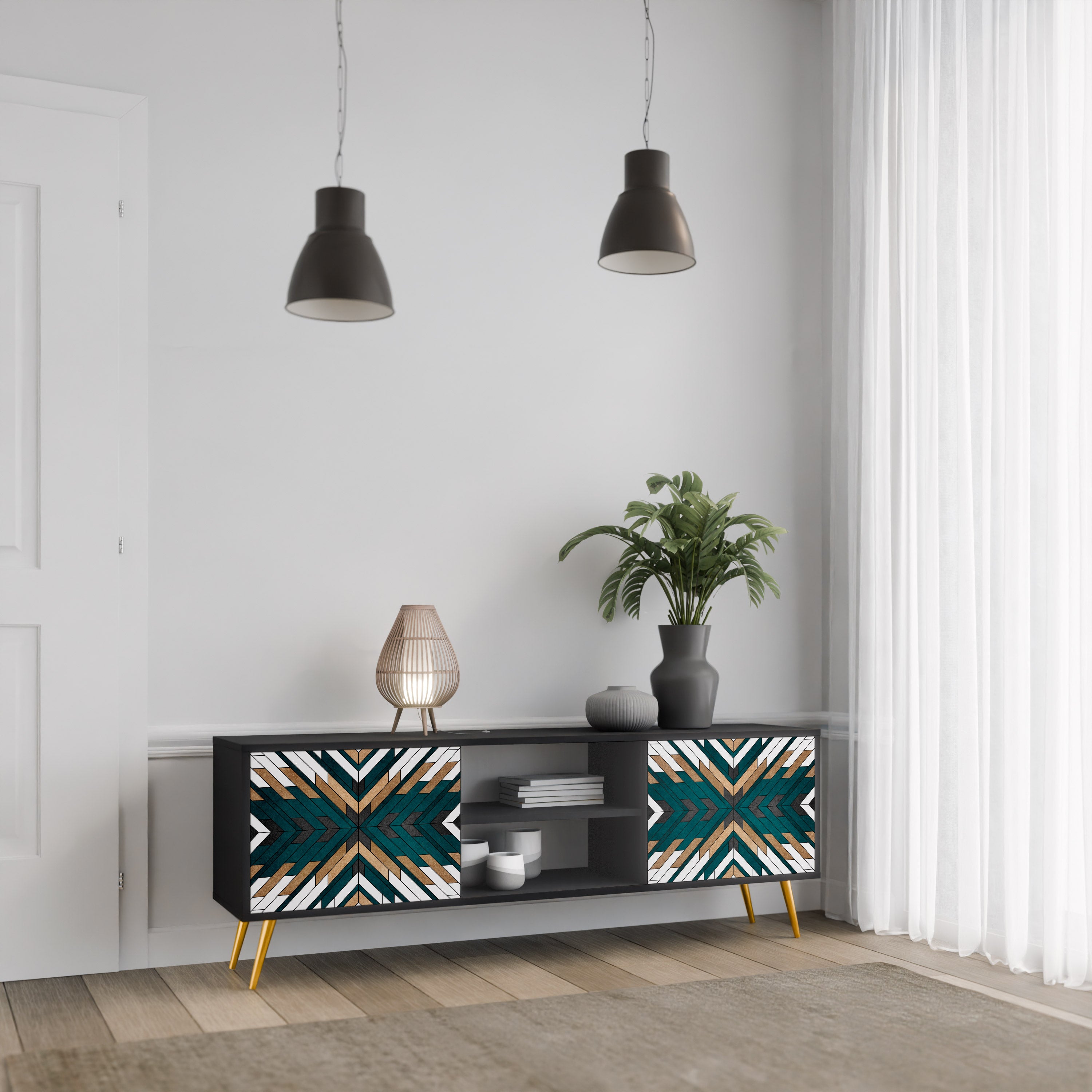 Mueble de TV de 2 puertas ARTISTIC GEOMETRY en acabado negro