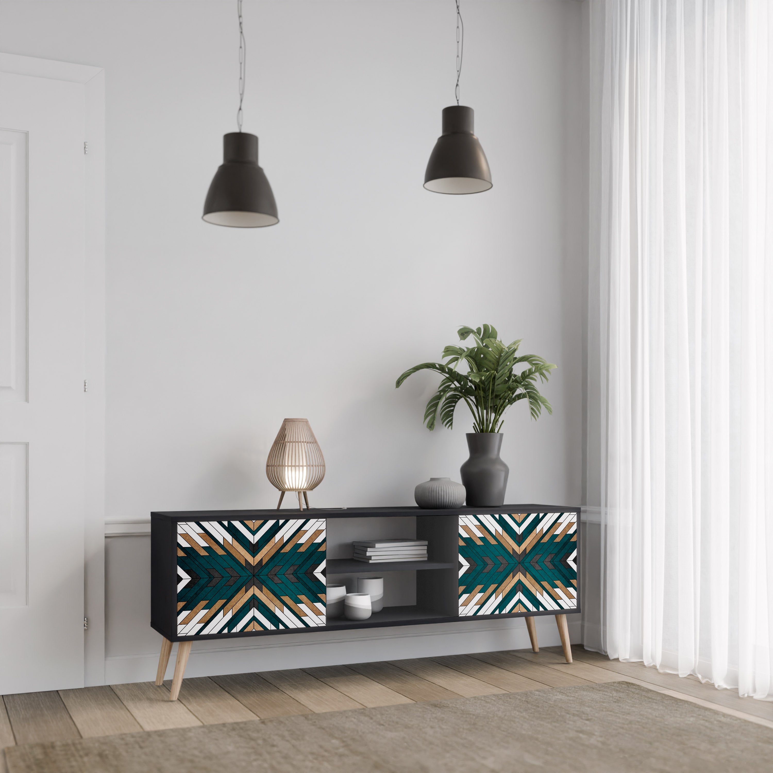 Mueble de TV de 2 puertas ARTISTIC GEOMETRY en acabado negro