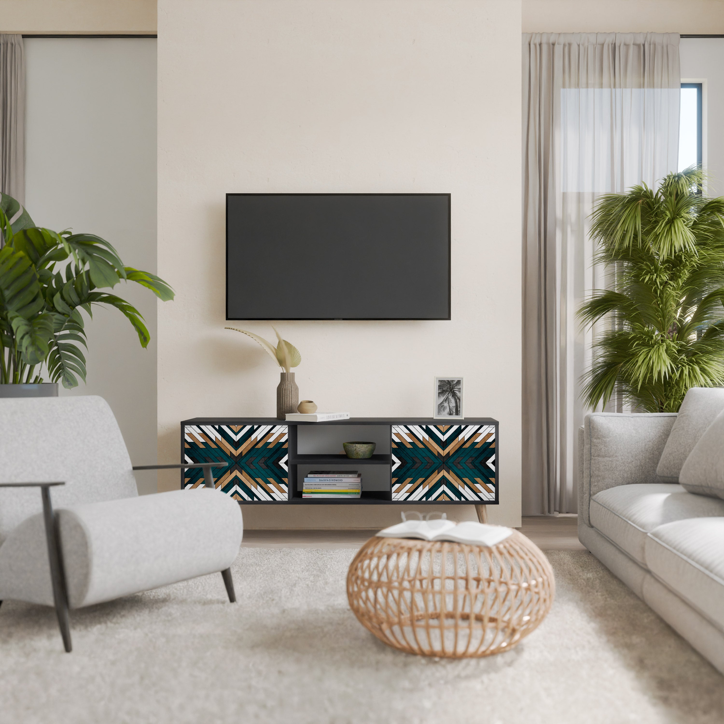 Mueble de TV de 2 puertas ARTISTIC GEOMETRY en acabado negro