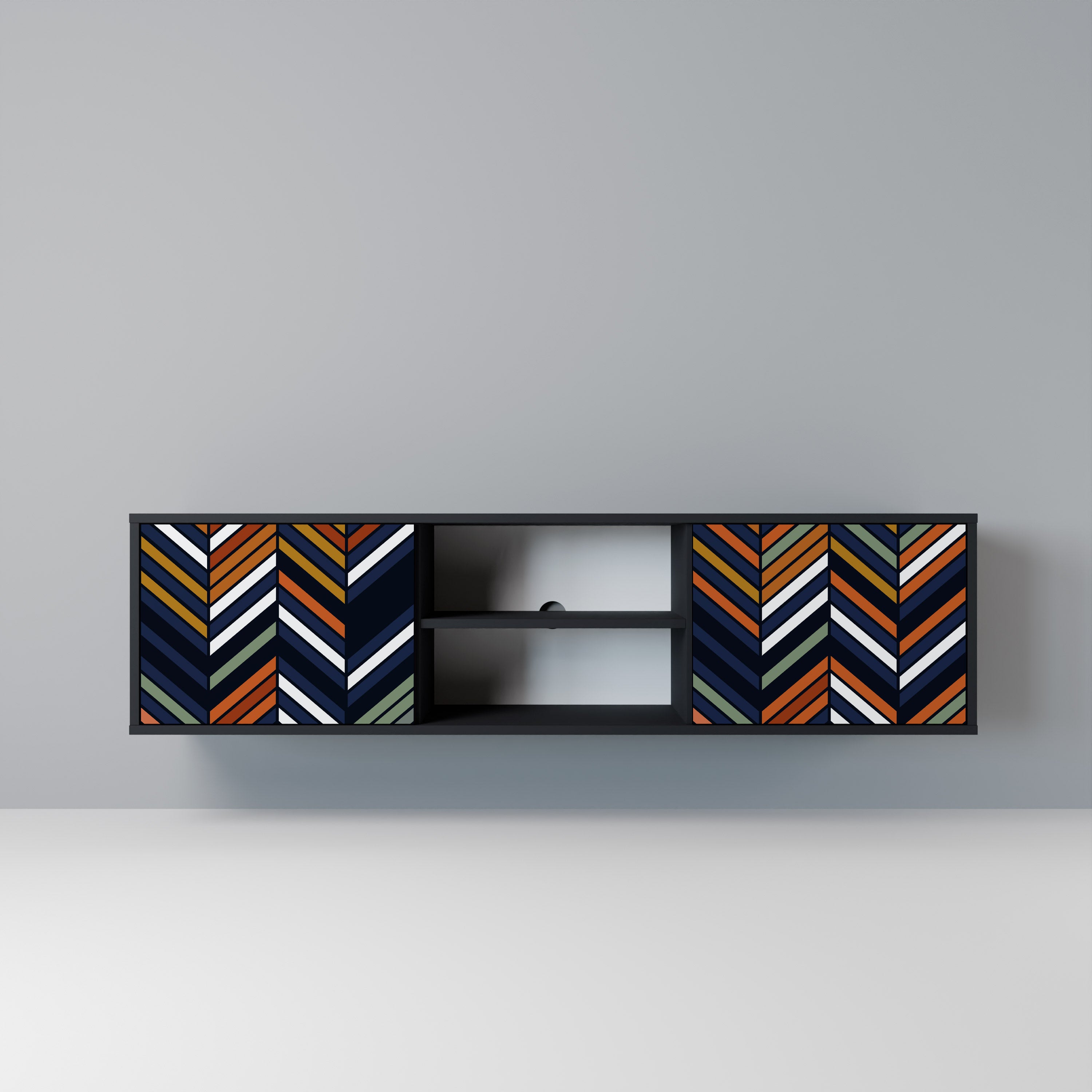 Mueble de TV de 2 puertas con diseño de parches vibrantes en acabado negro