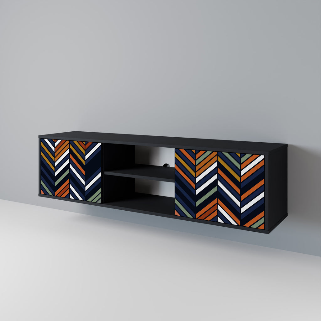 Mueble de TV de 2 puertas con diseño de parches vibrantes en acabado negro