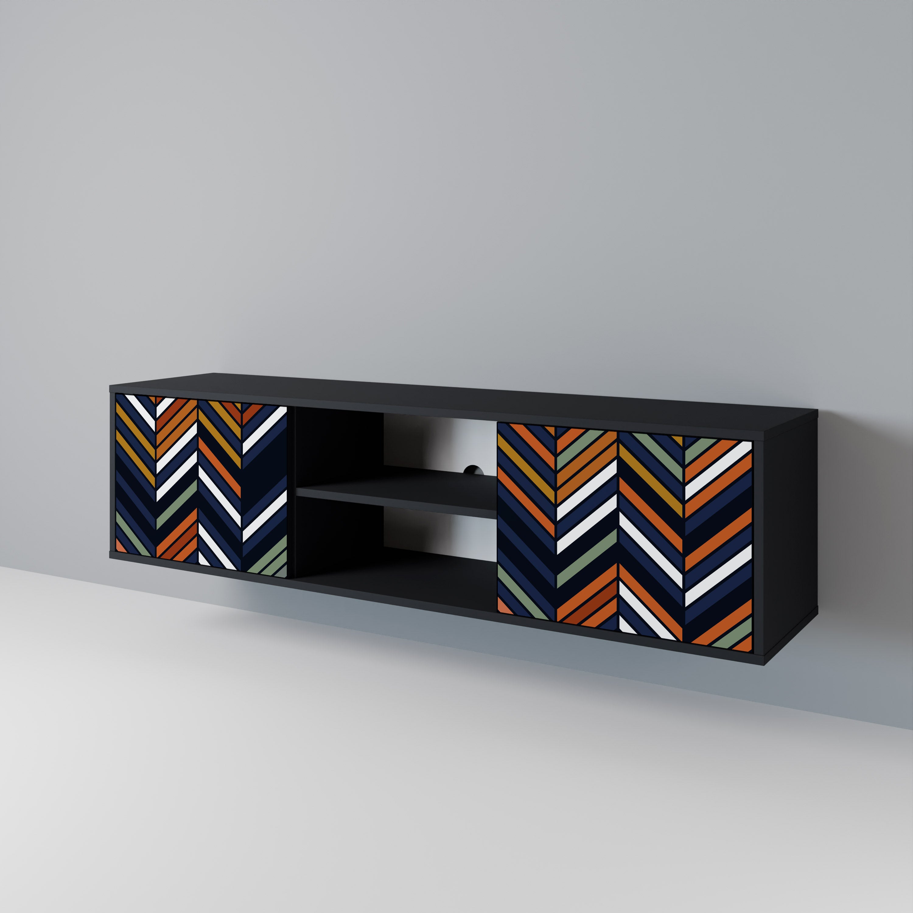 Mueble de TV de 2 puertas con diseño de parches vibrantes en acabado negro