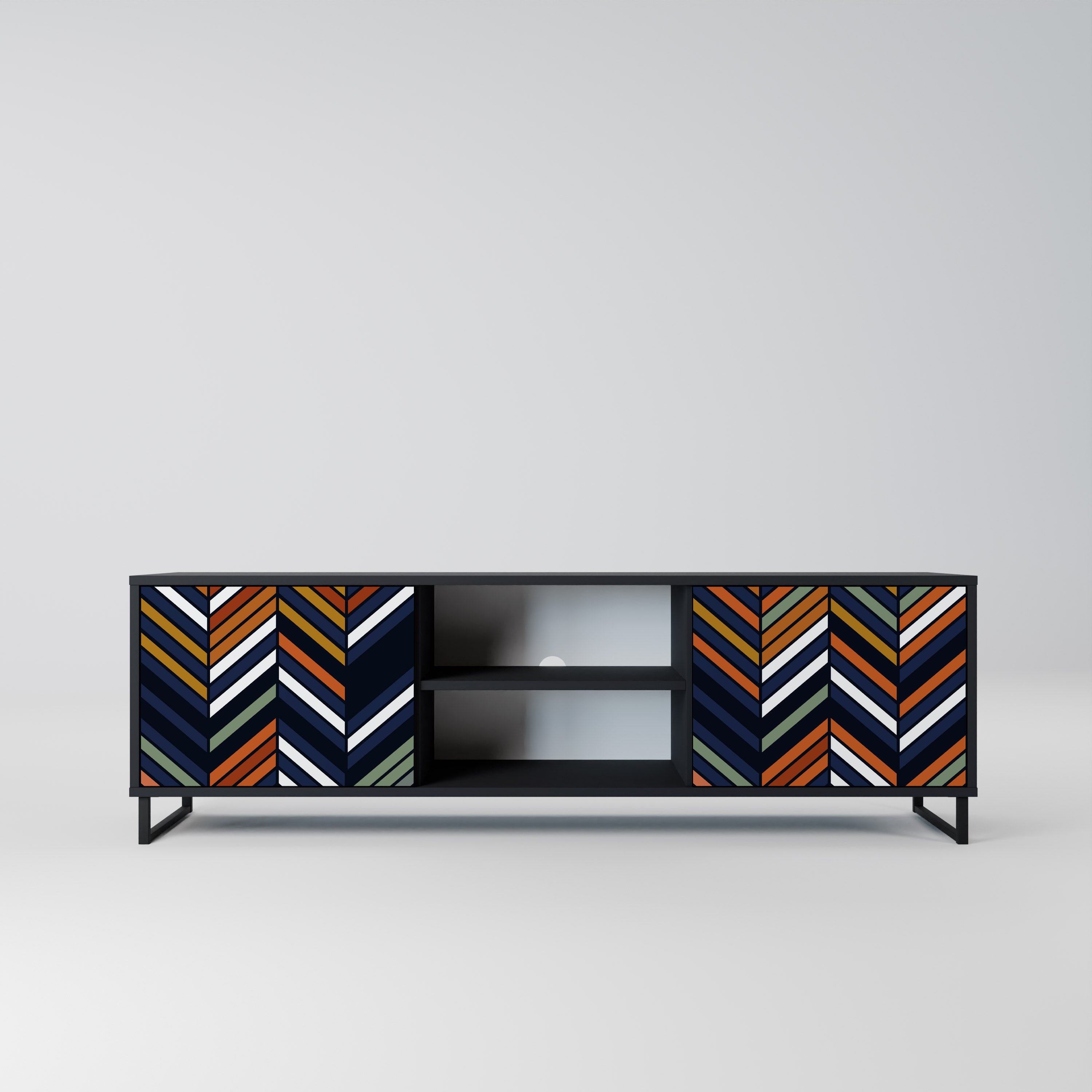 Mueble de TV de 2 puertas con diseño de parches vibrantes en acabado negro