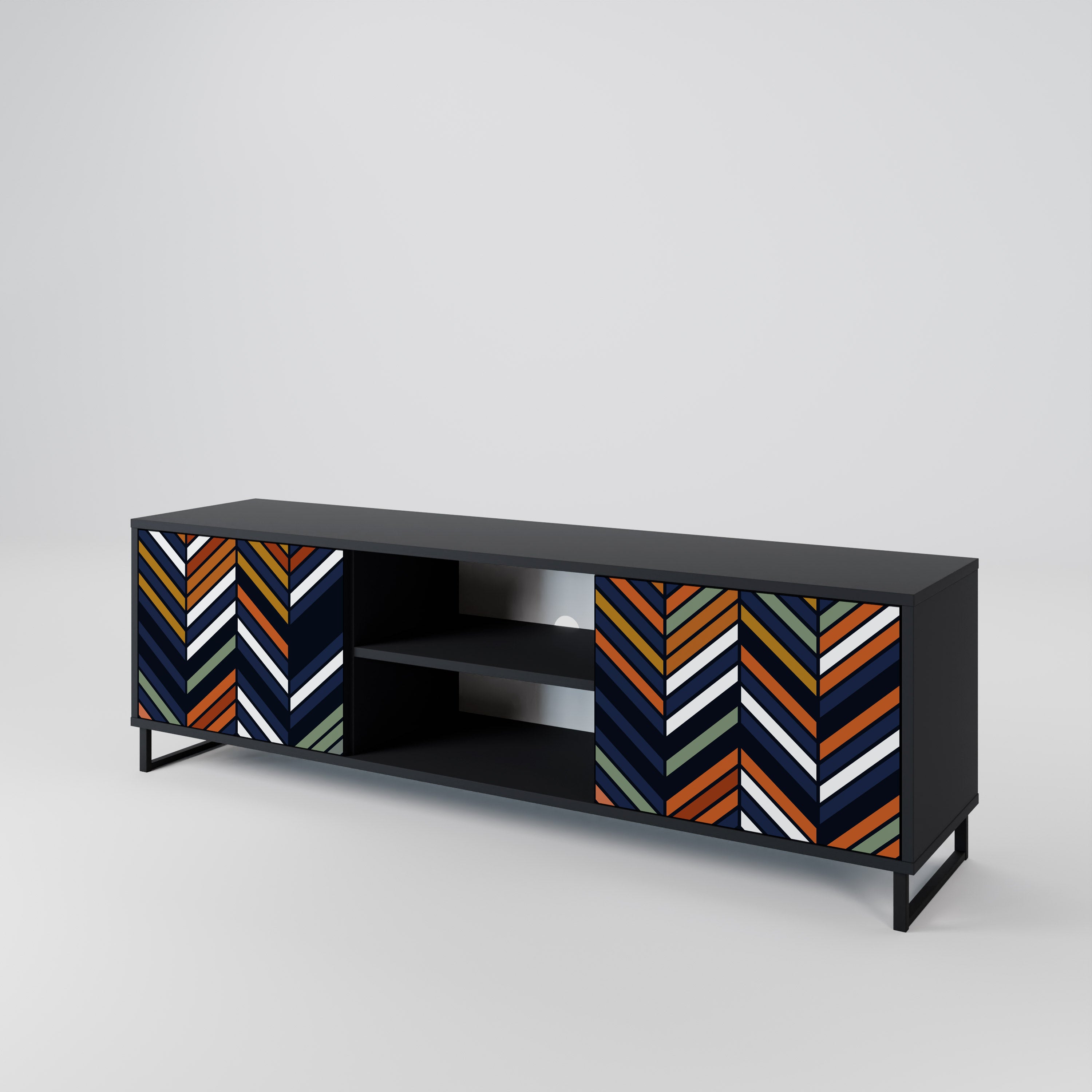 Mueble de TV de 2 puertas con diseño de parches vibrantes en acabado negro