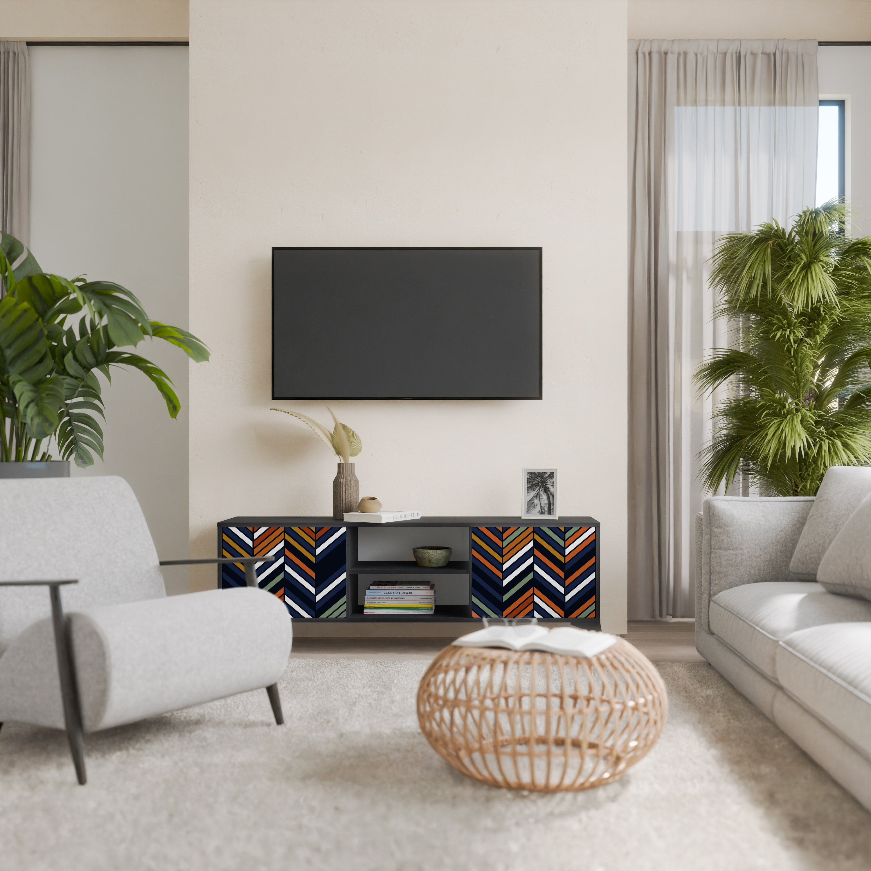 Mueble de TV de 2 puertas con diseño de parches vibrantes en acabado negro