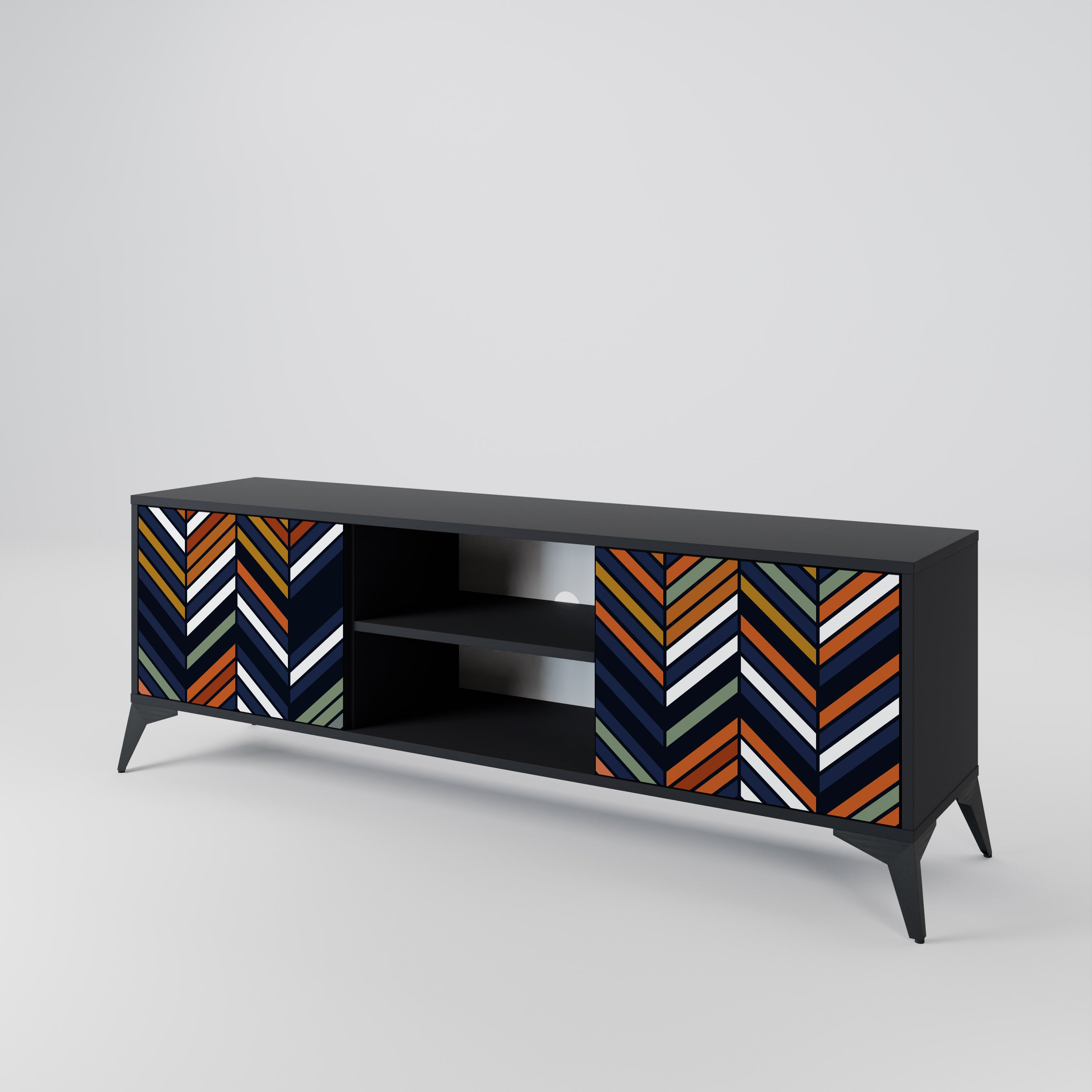 Mueble de TV de 2 puertas con diseño de parches vibrantes en acabado negro